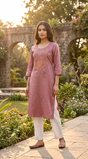 Paneri Embroidery Dusty Rose Straight Sillk Kurti