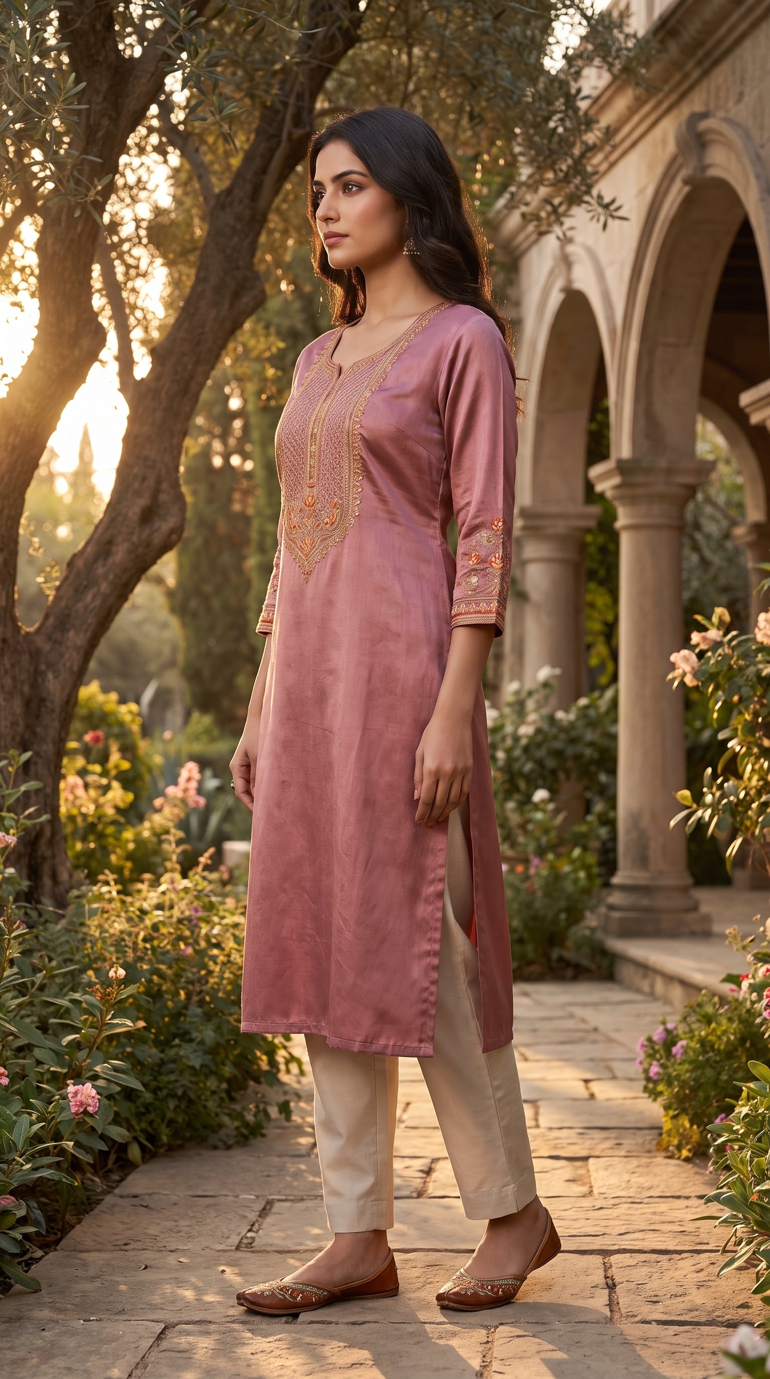Paneri Embroidery Dusty Rose Straight Sillk Kurti