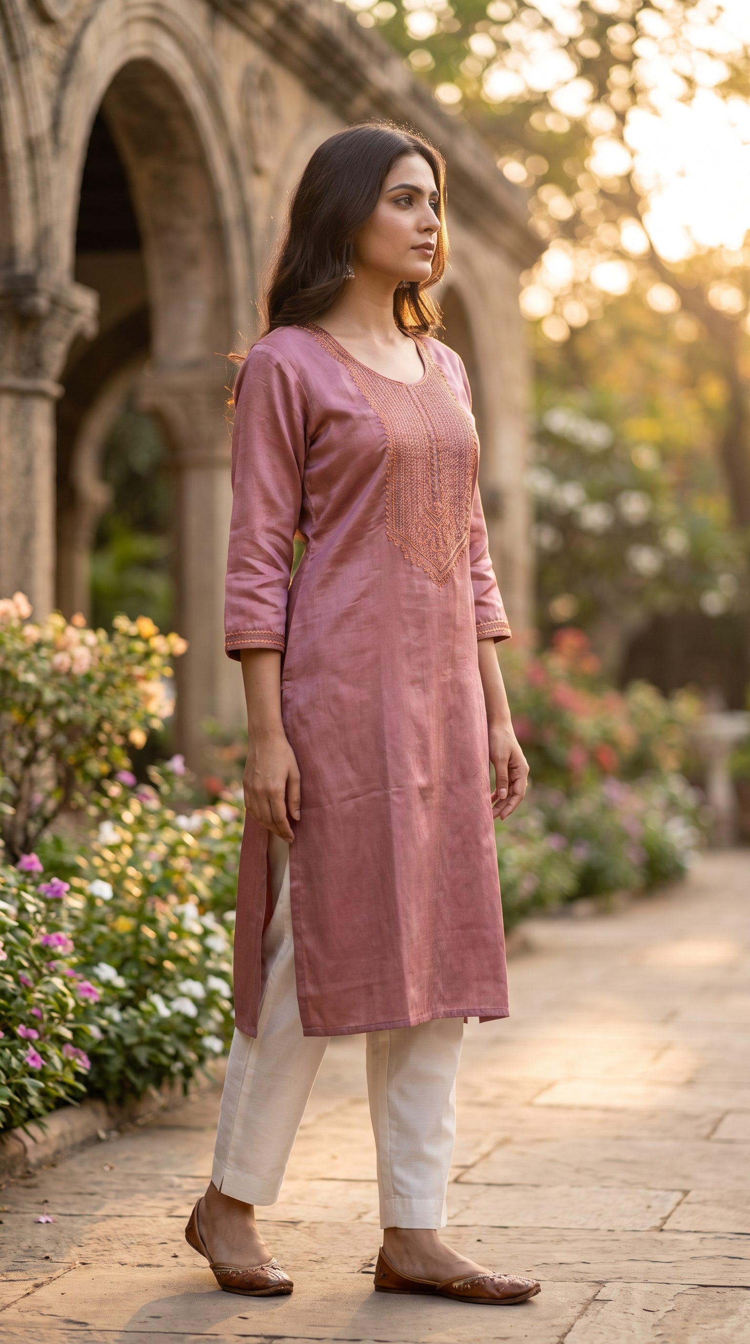 Paneri Embroidery Dusty Rose Straight Sillk Kurti