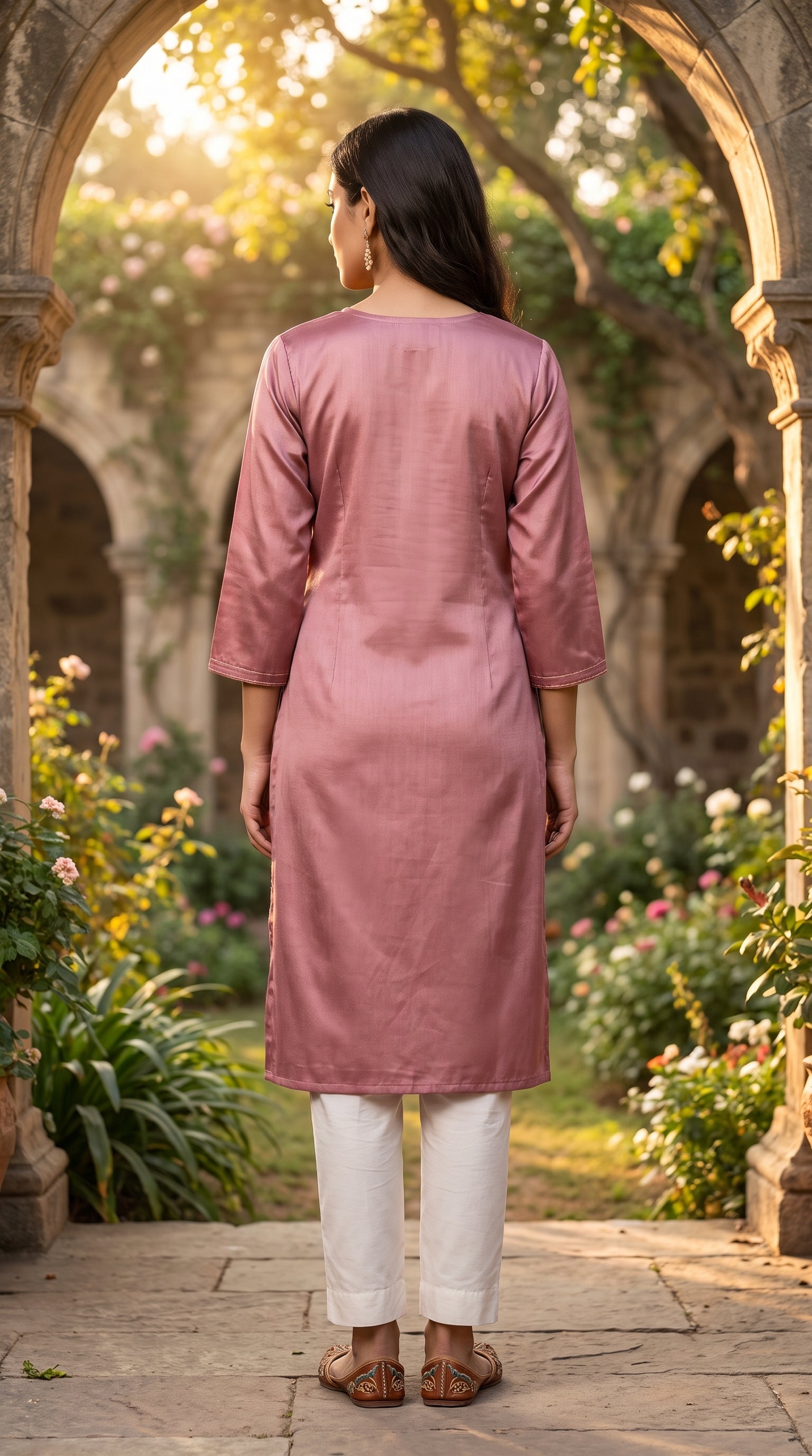 Paneri Embroidery Dusty Rose Straight Sillk Kurti