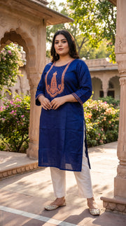 Paneri Embroidery Royal Indigo Straight Sillk Kurti