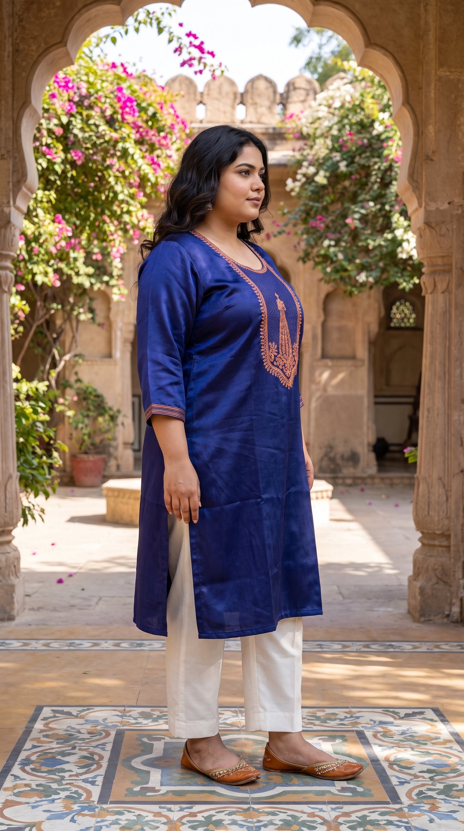 Paneri Embroidery Royal Indigo Straight Sillk Kurti