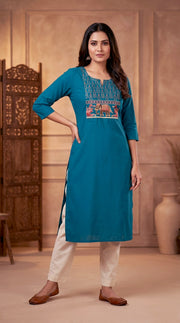 Paneri Women's Teal Embroidered Cotton Kurti