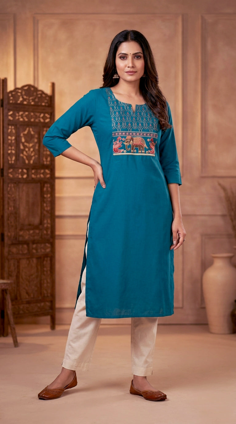 Paneri Women's Teal Embroidered Cotton Kurti