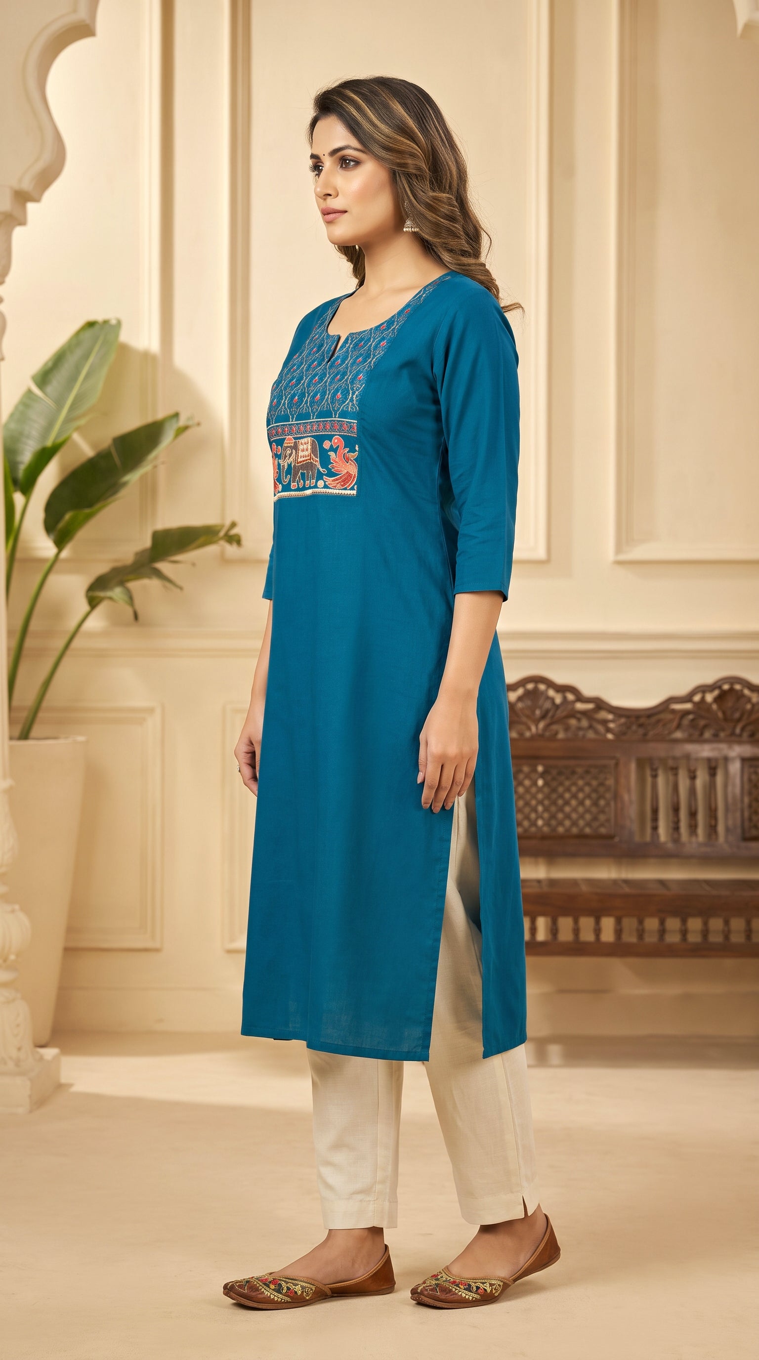 Paneri Women's Teal Embroidered Cotton Kurti