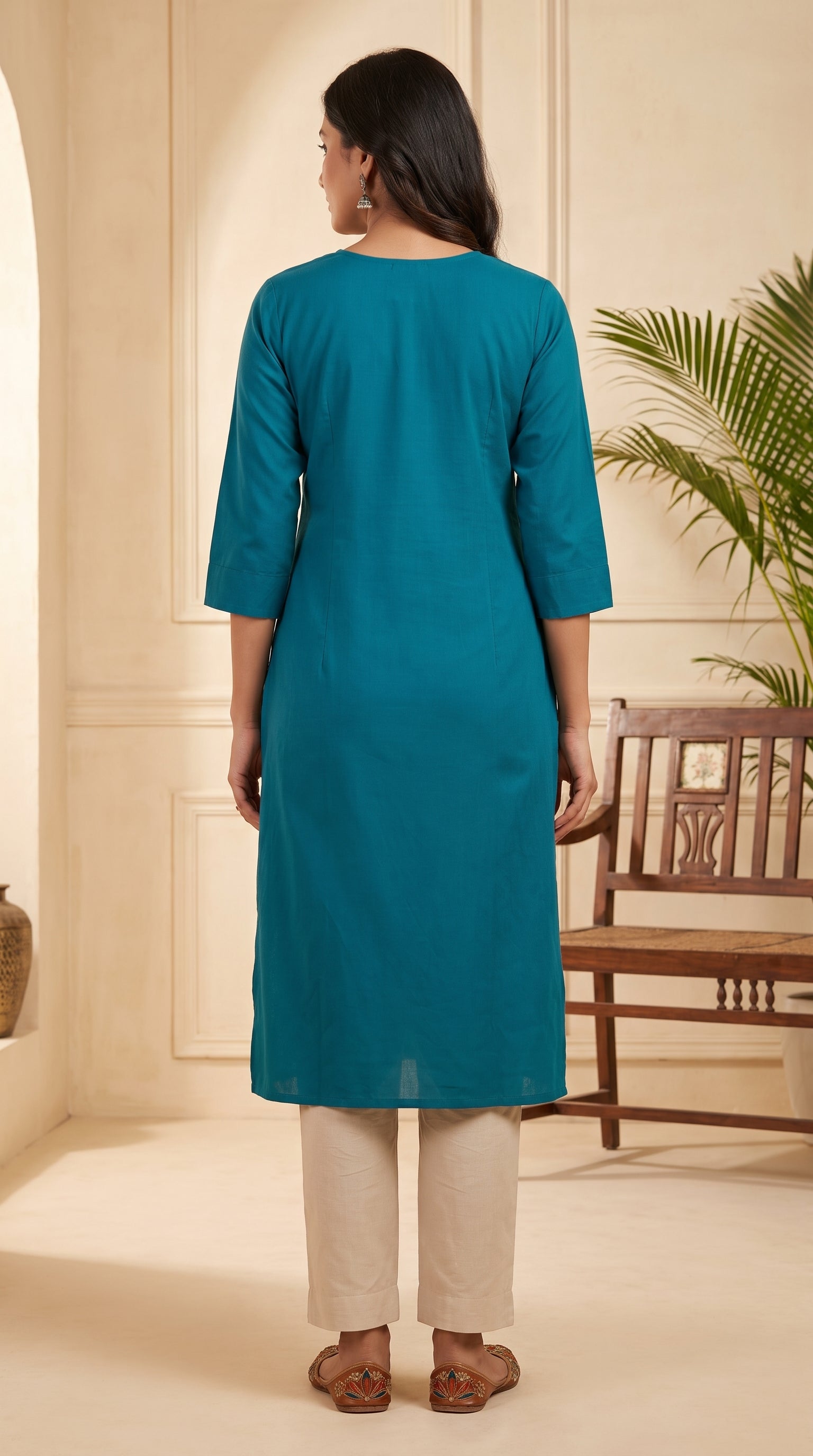 Paneri Women's Teal Embroidered Cotton Kurti