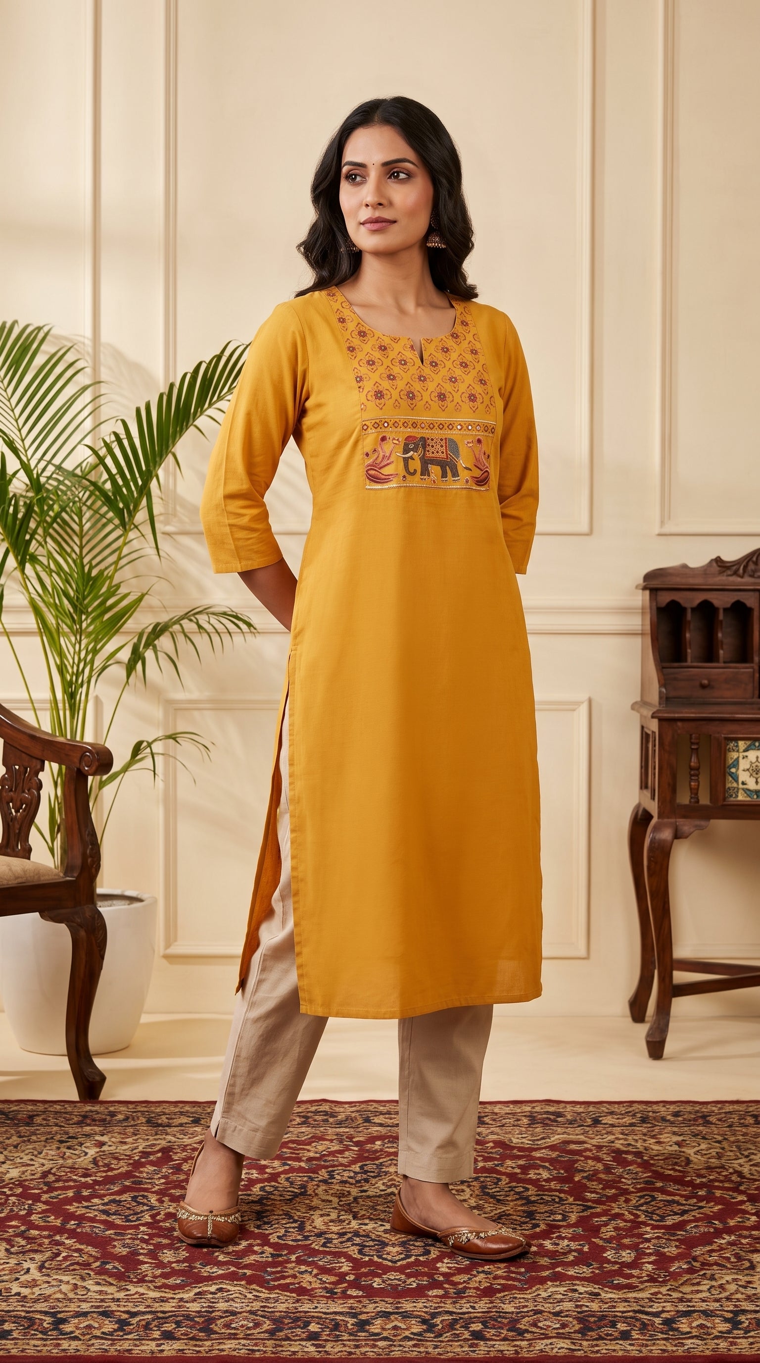 Paneri Women's Mustard Yellow Embroidered Cotton Kurti