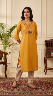 Paneri Women's Mustard Yellow Embroidered Cotton Kurti