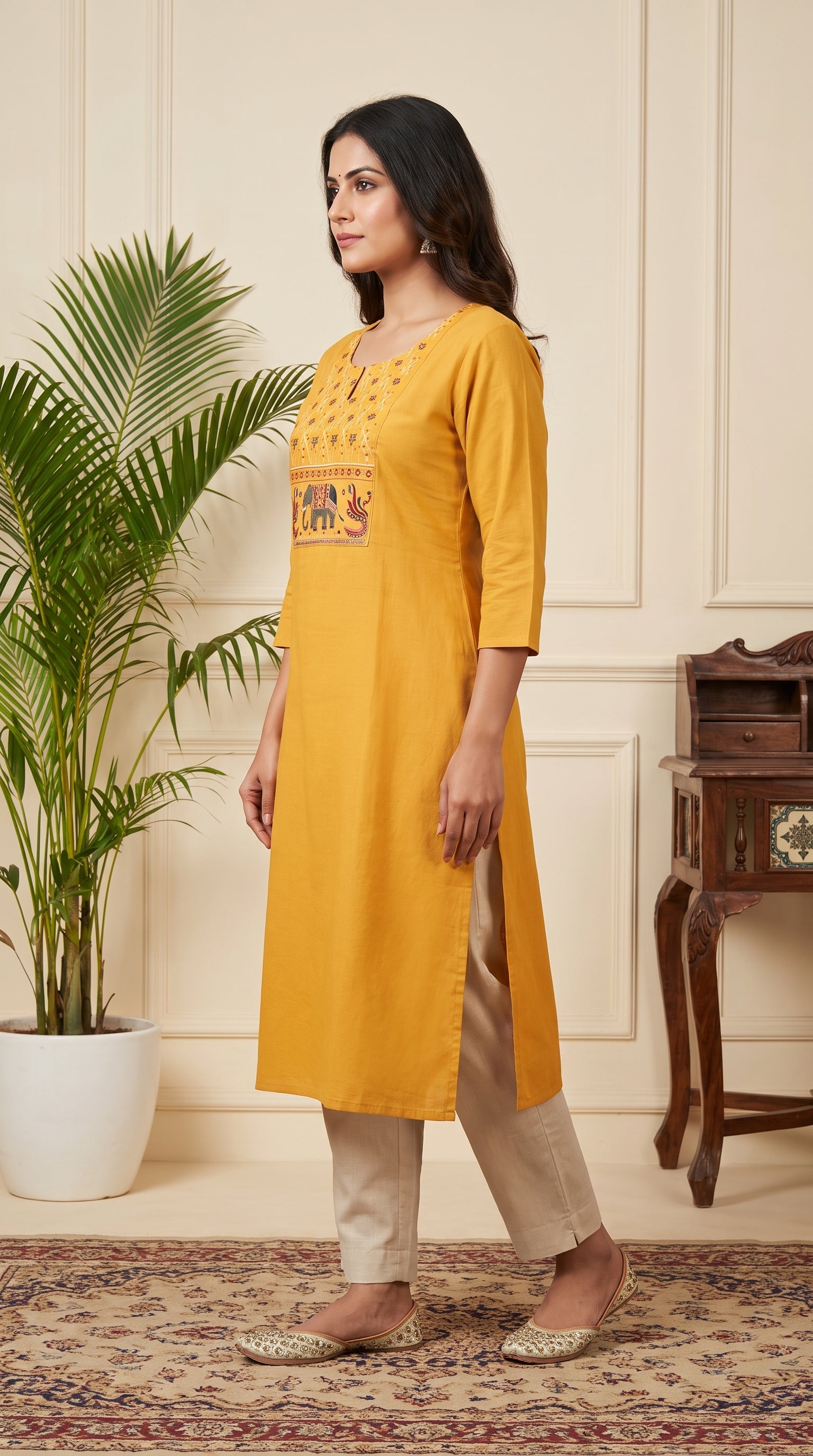 Paneri Women's Mustard Yellow Embroidered Cotton Kurti