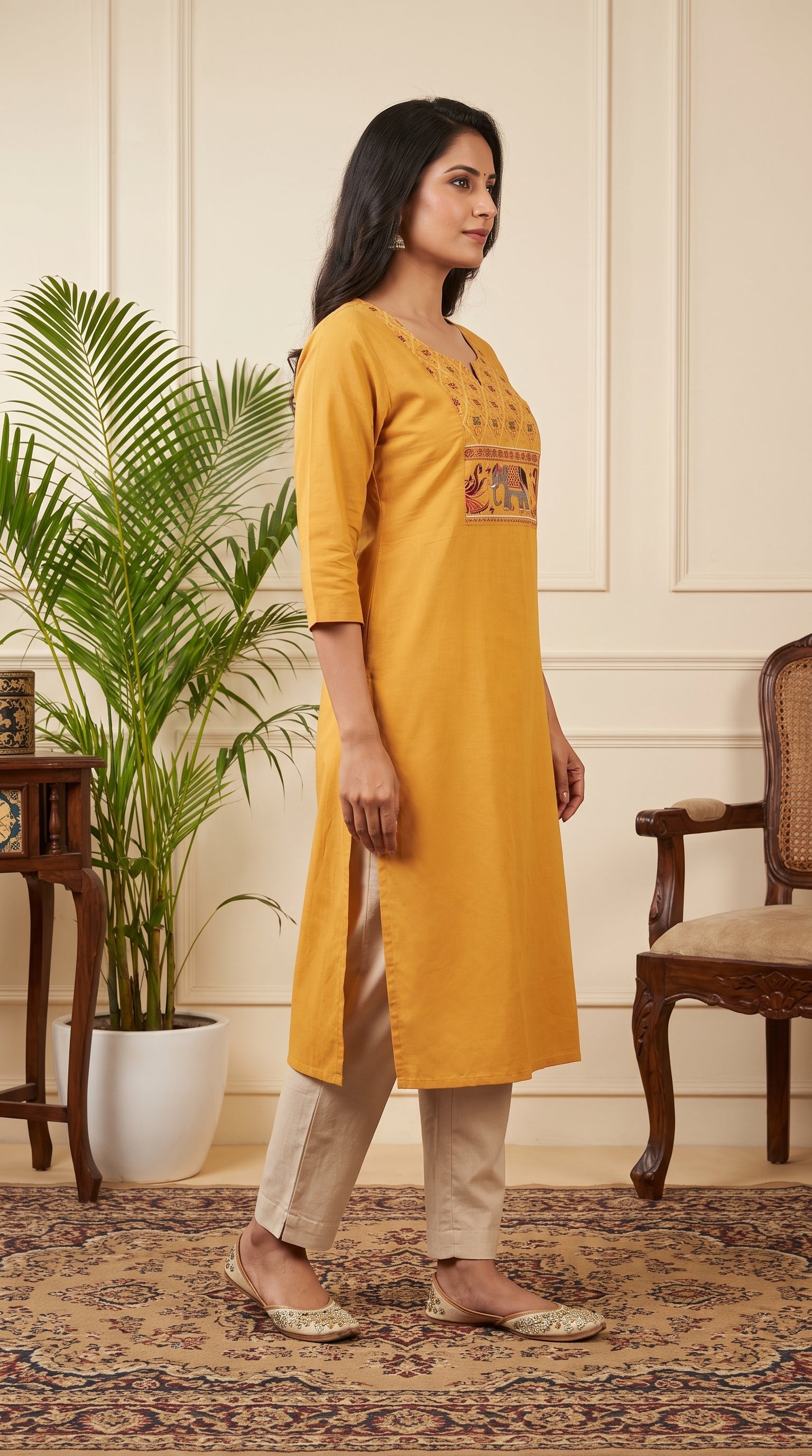 Paneri Women's Mustard Yellow Embroidered Cotton Kurti