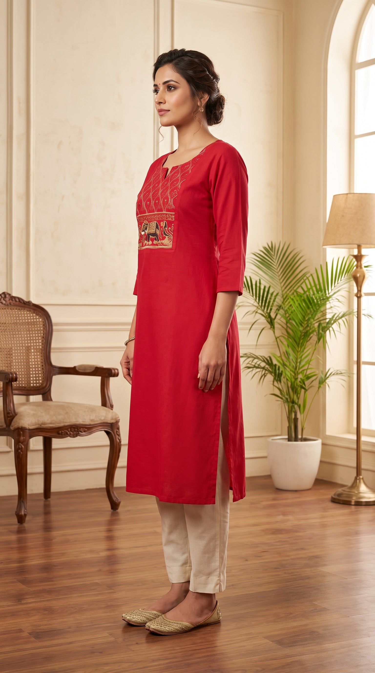 Paneri Women's Red Embroidered Cotton Kurti