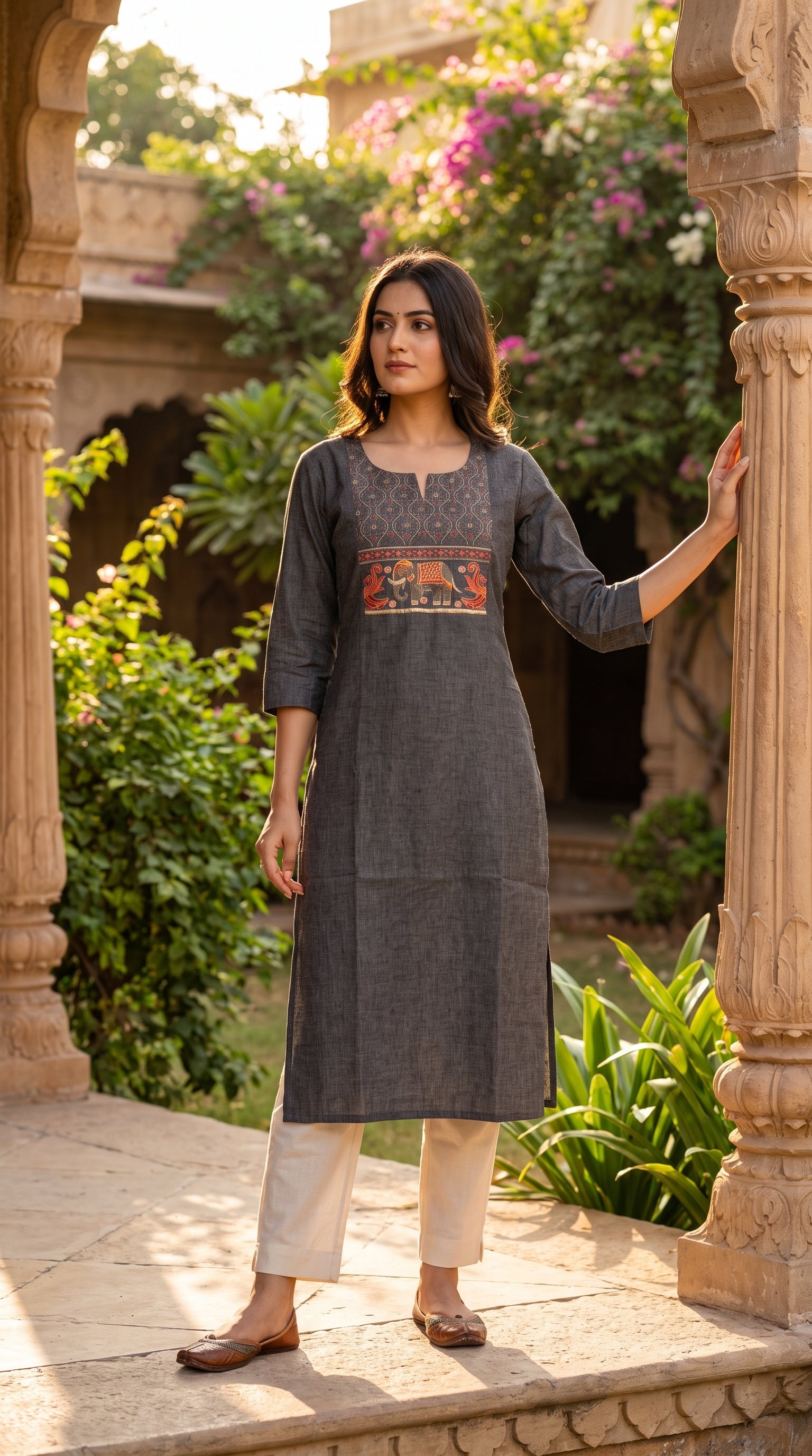 Paneri Women's Charcoal Grey Embroidered Cotton Kurti