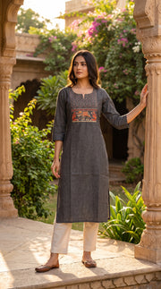 Paneri Women's Charcoal Grey Embroidered Cotton Kurti