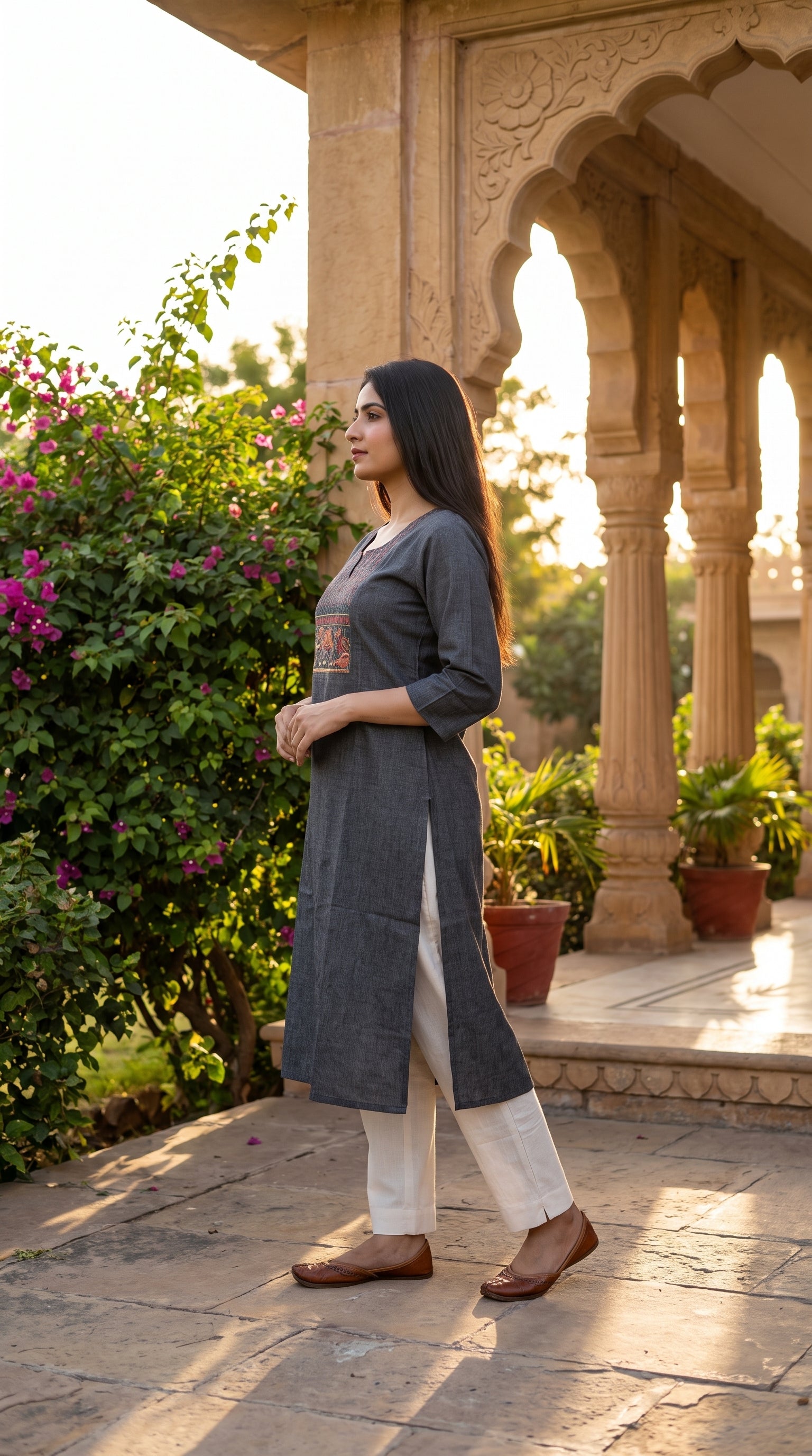 Paneri Women's Charcoal Grey Embroidered Cotton Kurti