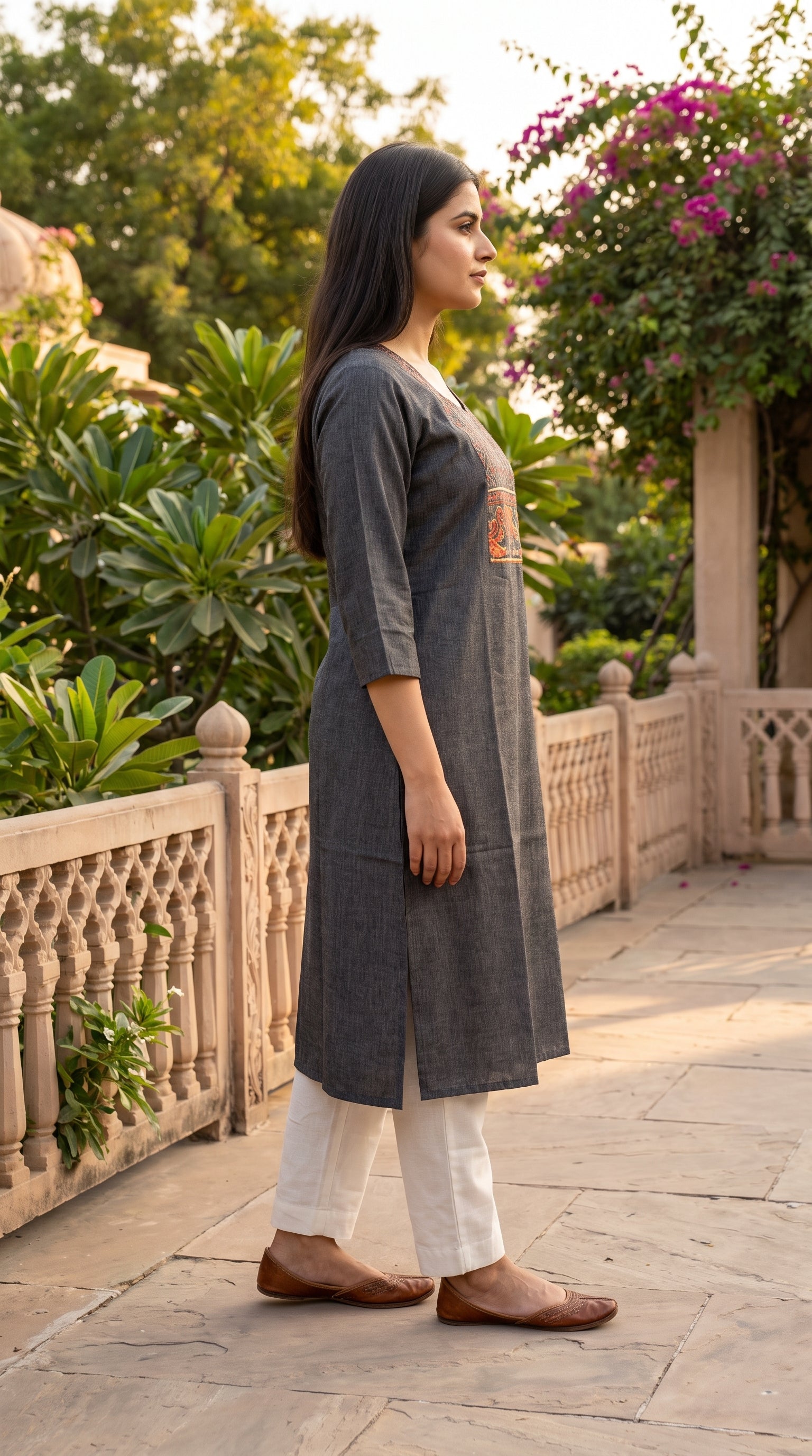 Paneri Women's Charcoal Grey Embroidered Cotton Kurti