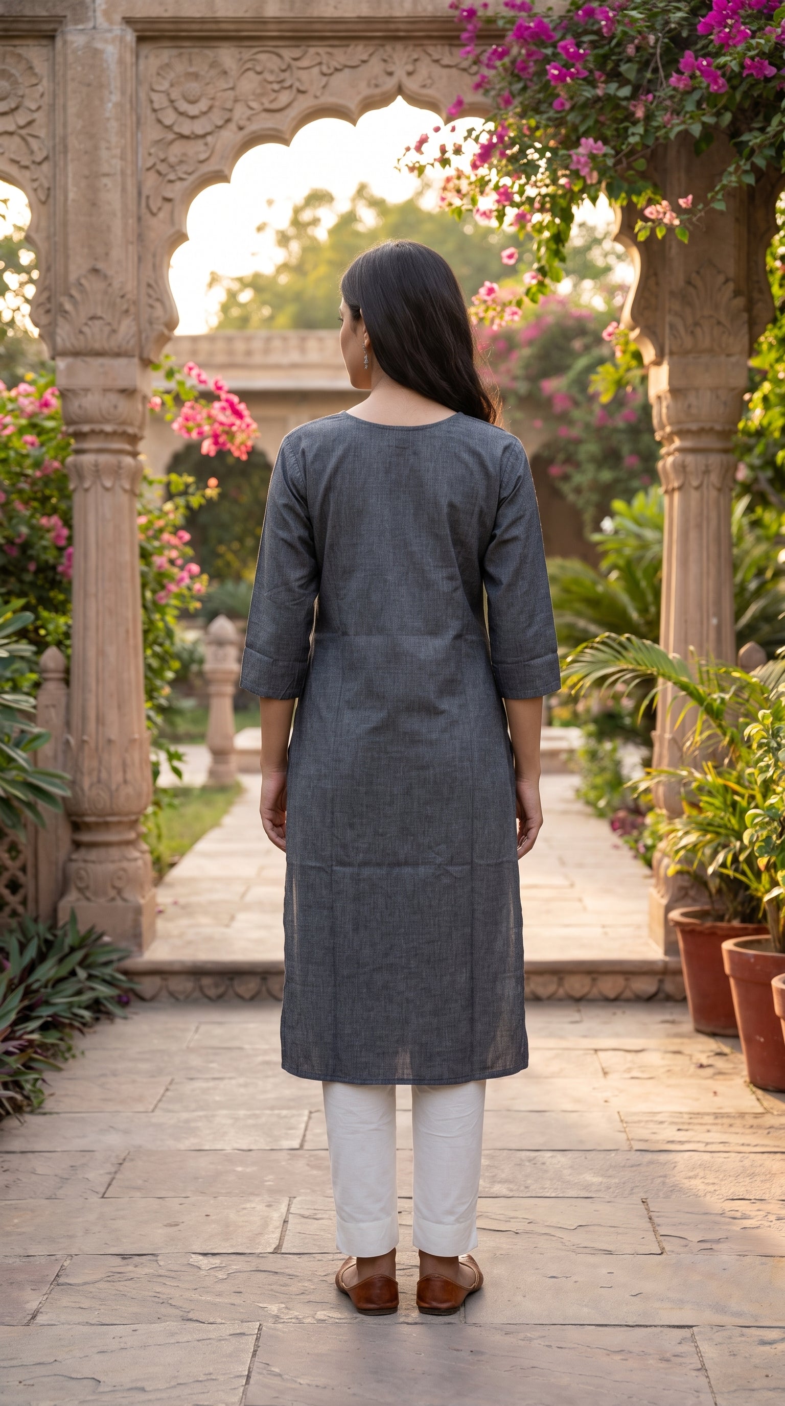 Paneri Women's Charcoal Grey Embroidered Cotton Kurti