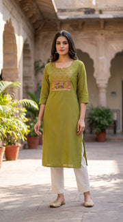 Paneri Women's Olive Green Embroidered Cotton Kurti