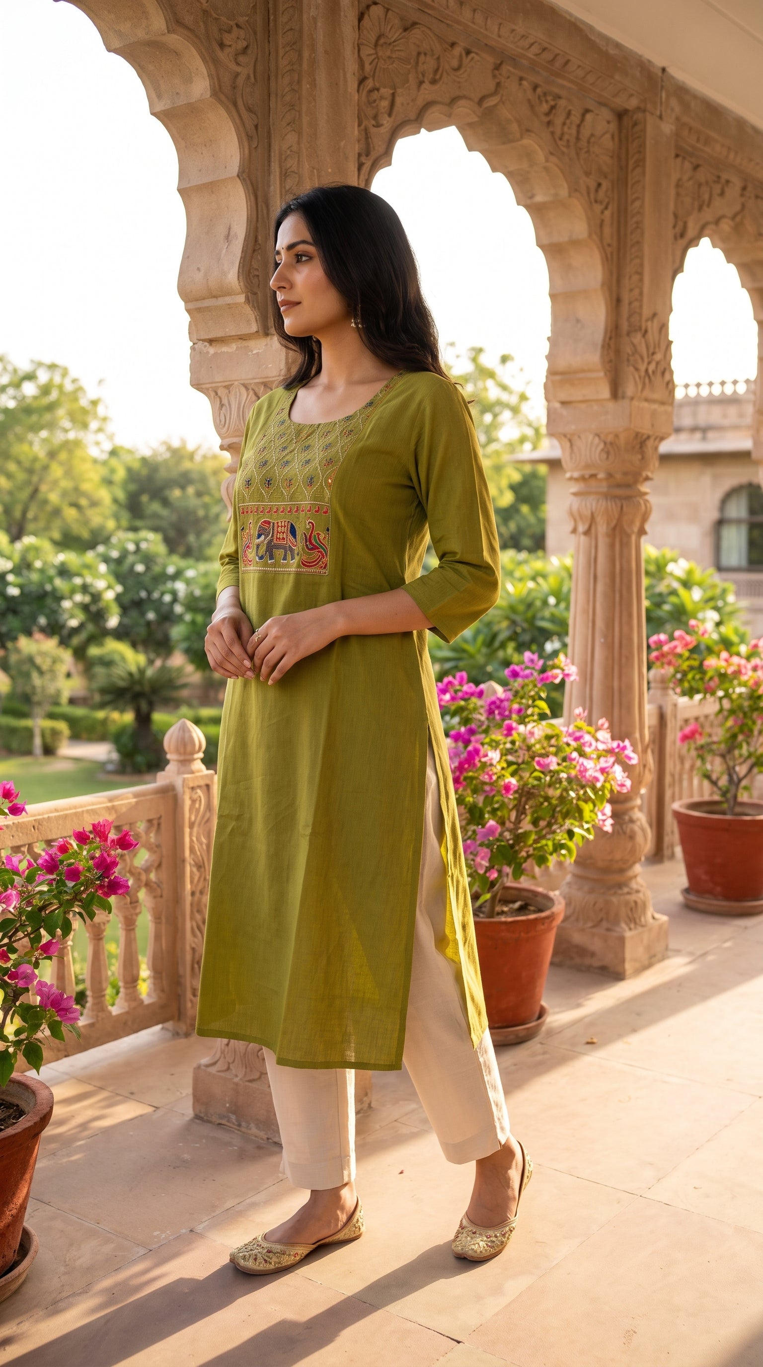 Paneri Women's Olive Green Embroidered Cotton Kurti
