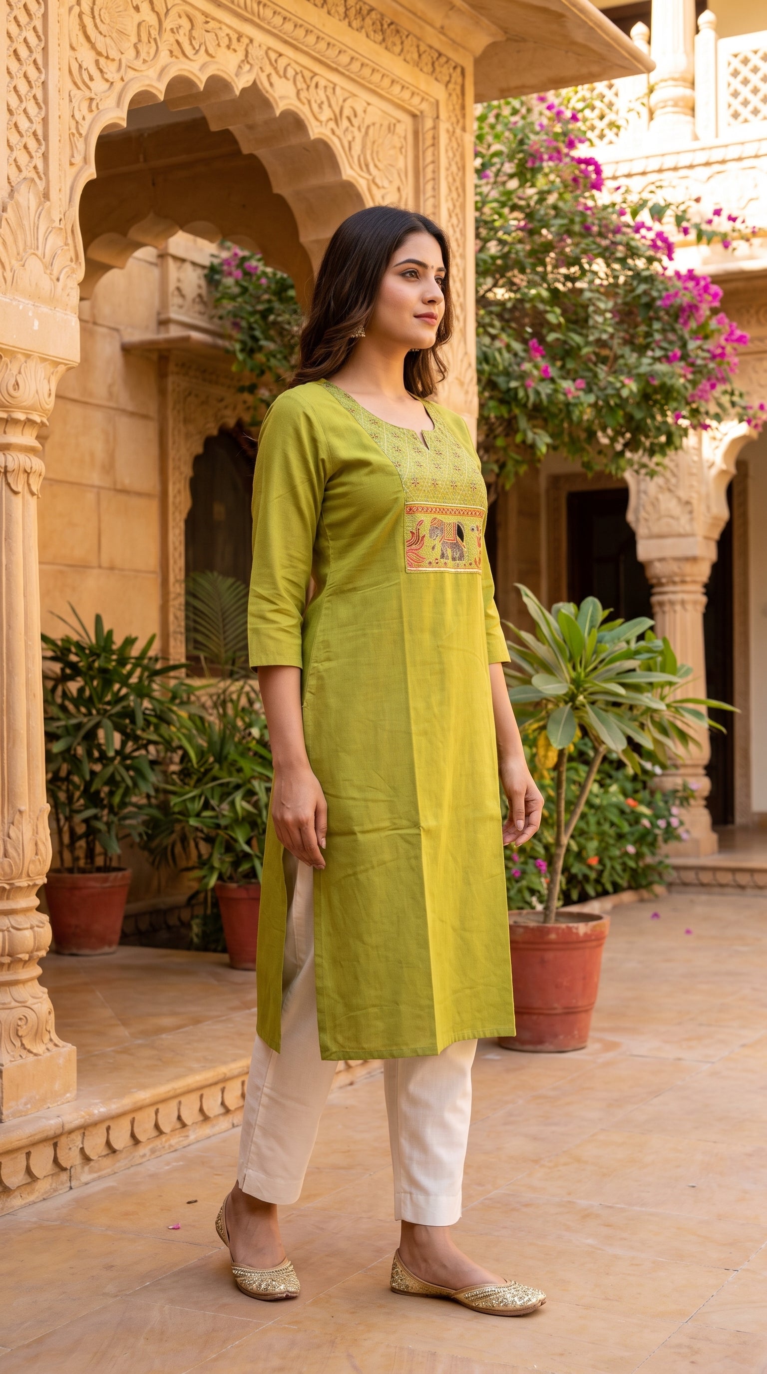 Paneri Women's Olive Green Embroidered Cotton Kurti