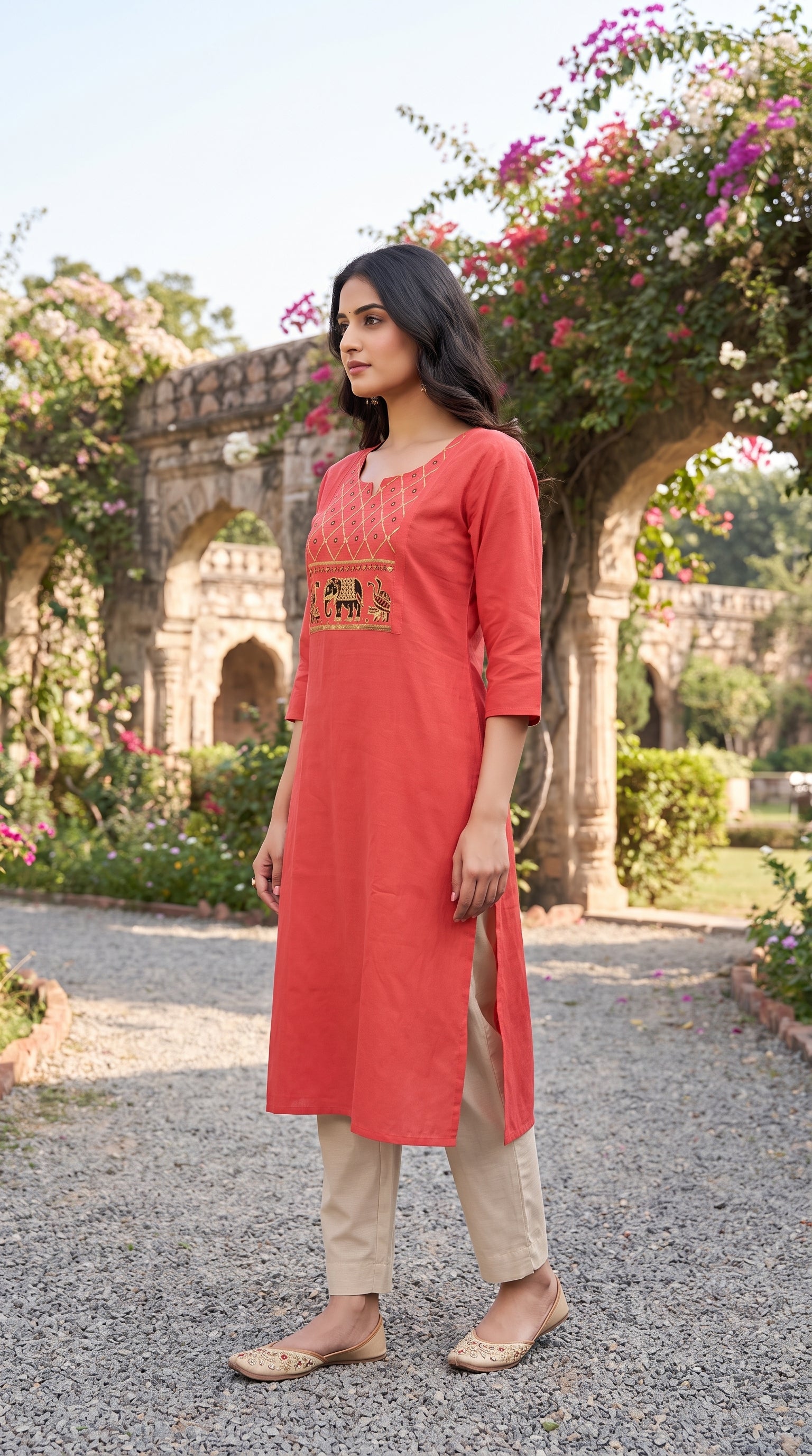 Paneri Women's Coral Pink Embroidered Cotton Kurti