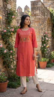 Paneri Women's Coral Pink Embroidered Cotton Kurti
