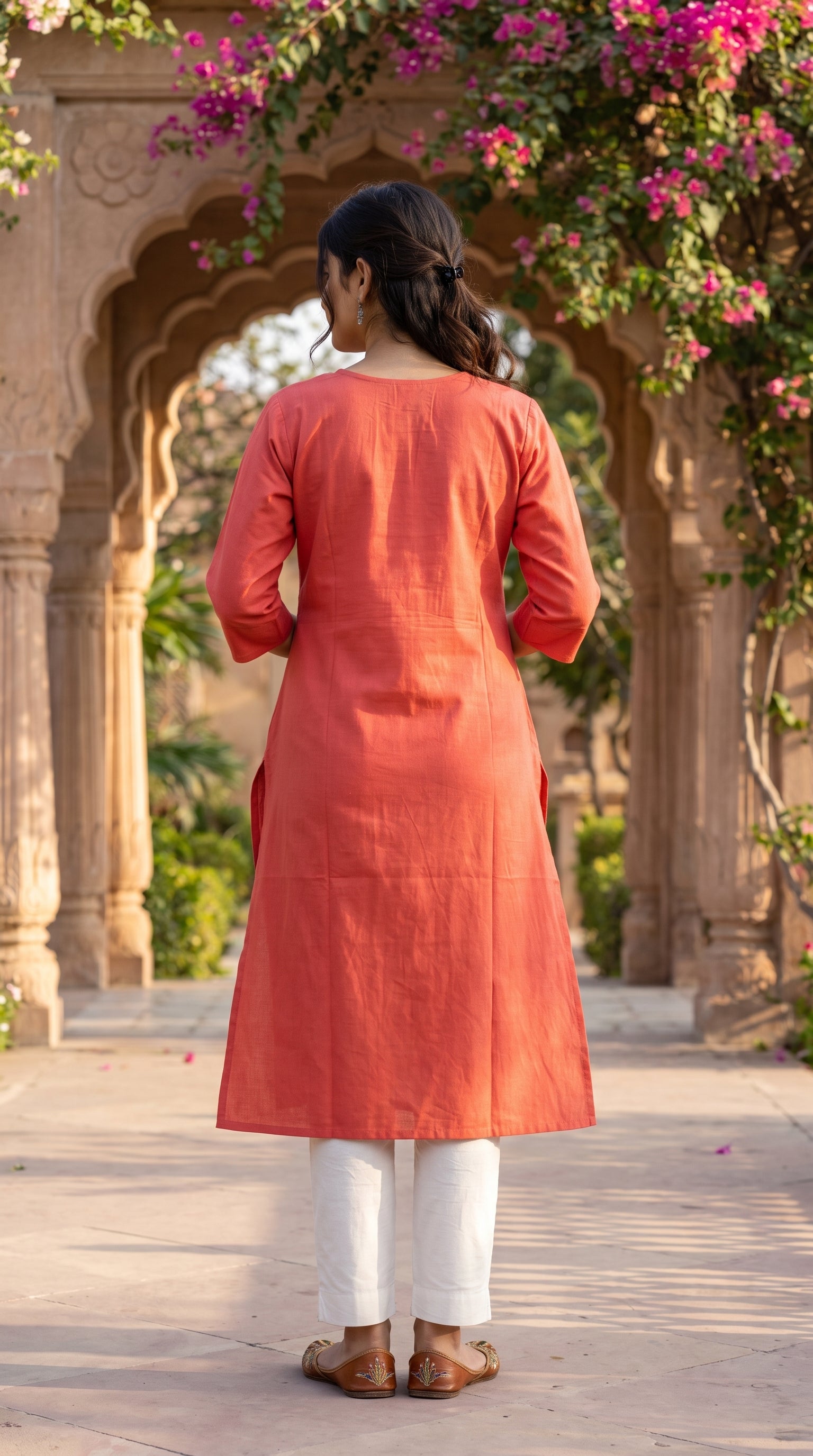 Paneri Women's Coral Pink Embroidered Cotton Kurti