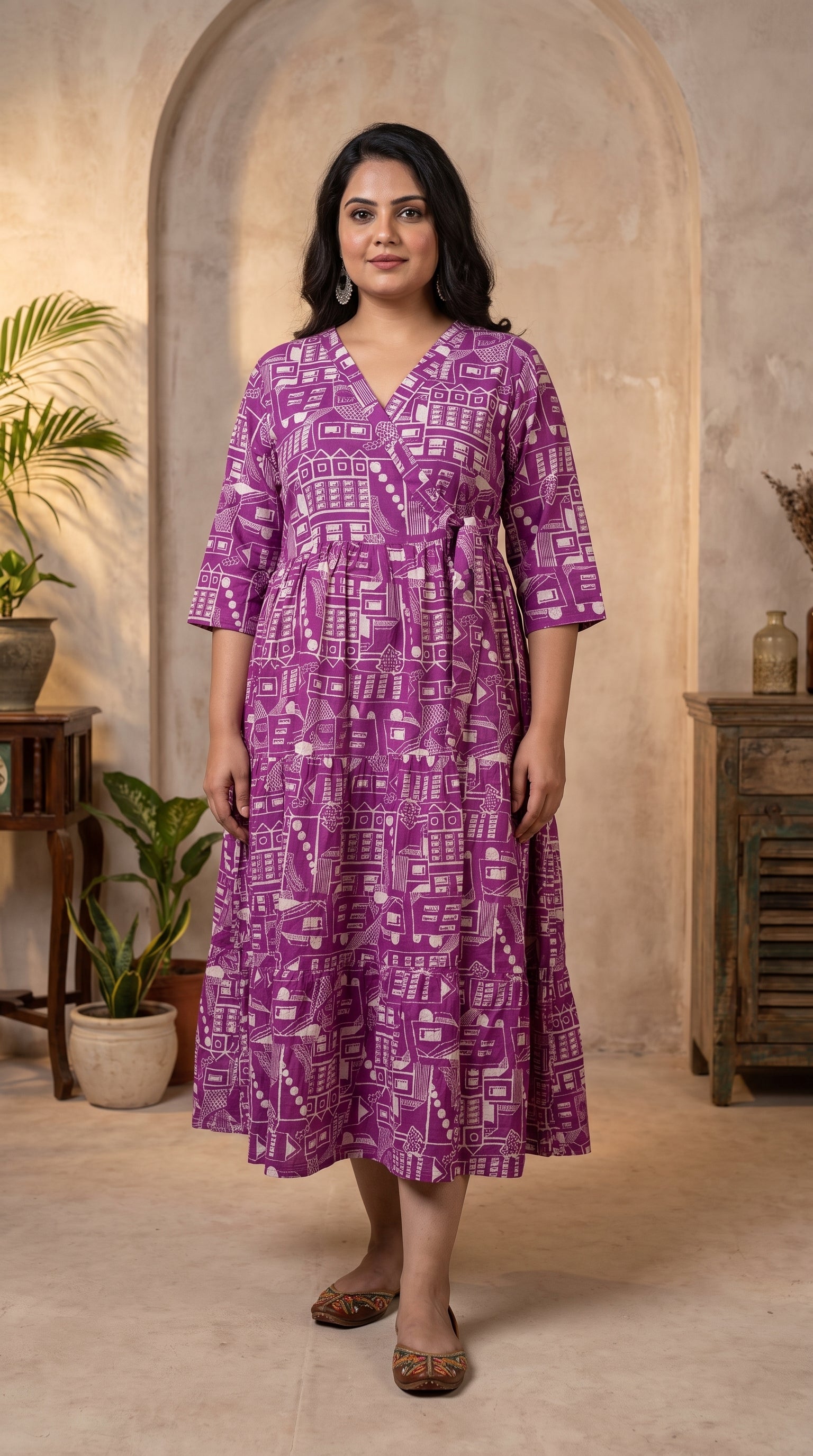 Paneri Embroidery Plum Purple Geometric Printed Flared One-Pieces