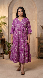 Paneri Embroidery Plum Purple Geometric Printed Flared One-Pieces