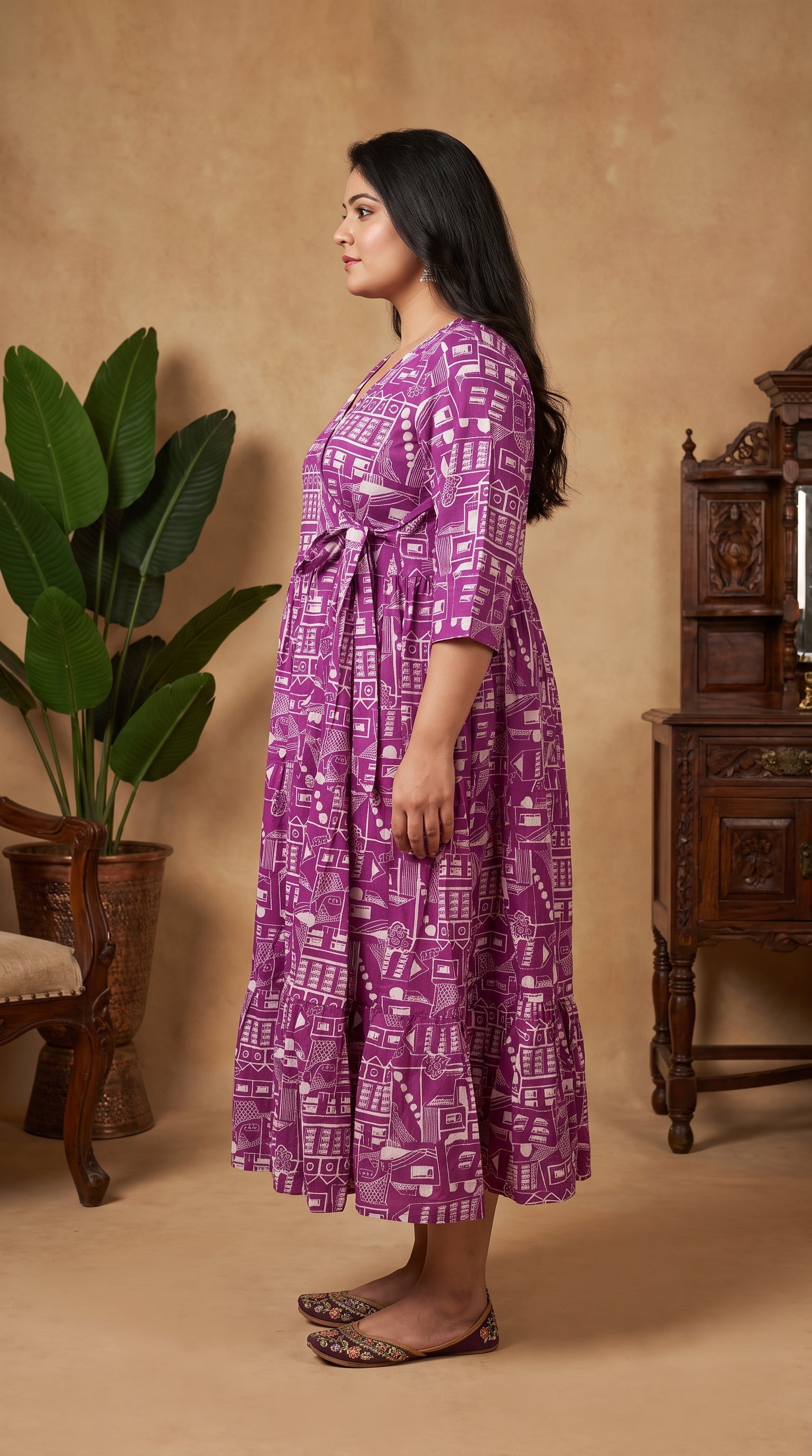 Paneri Embroidery Plum Purple Geometric Printed Flared One-Pieces