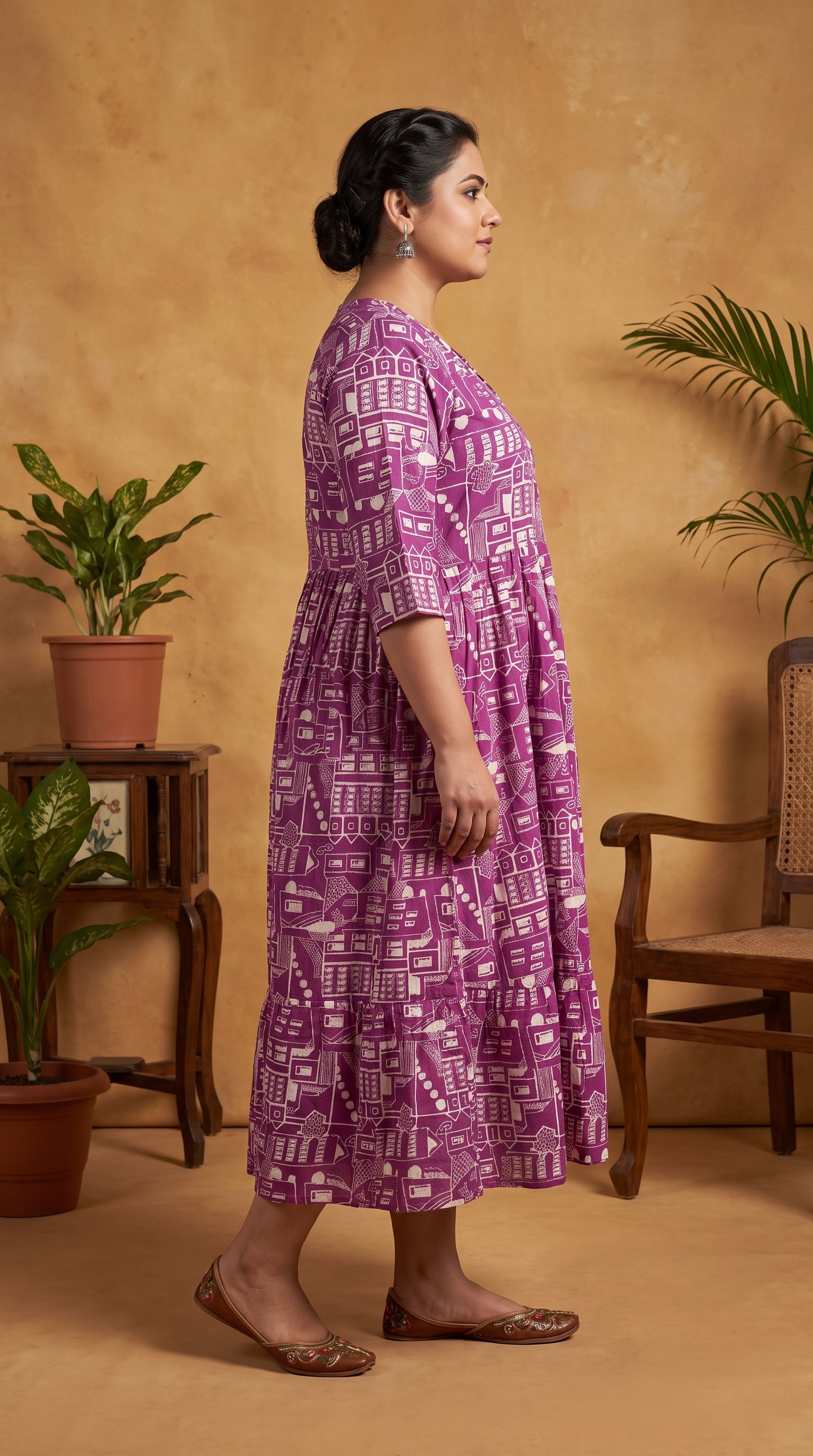 Paneri Embroidery Plum Purple Geometric Printed Flared One-Pieces