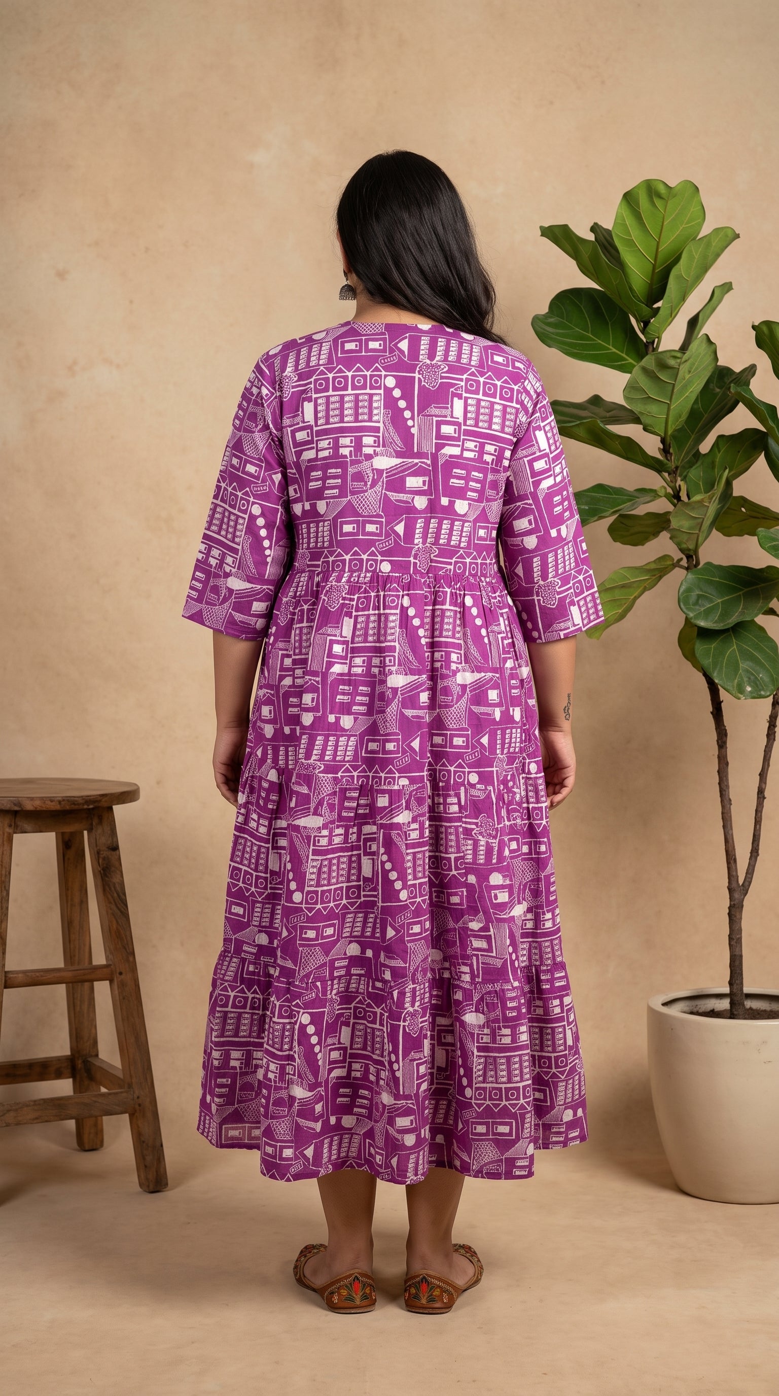 Paneri Embroidery Plum Purple Geometric Printed Flared One-Pieces