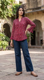 Paneri Embroidery  – Wine Leaf Print Flared Crepe Silk Kurti