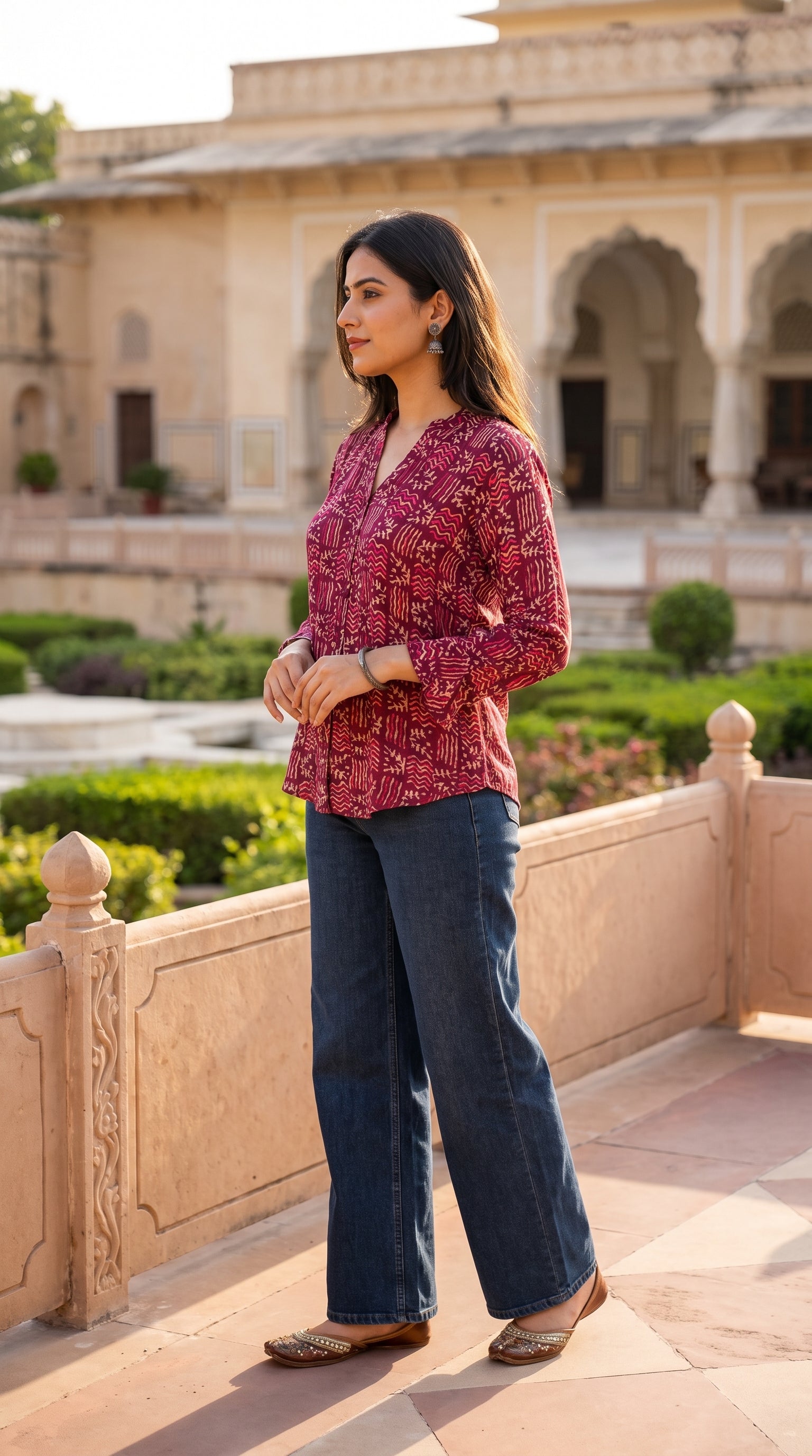 Paneri Embroidery  – Wine Leaf Print Flared Crepe Silk Kurti