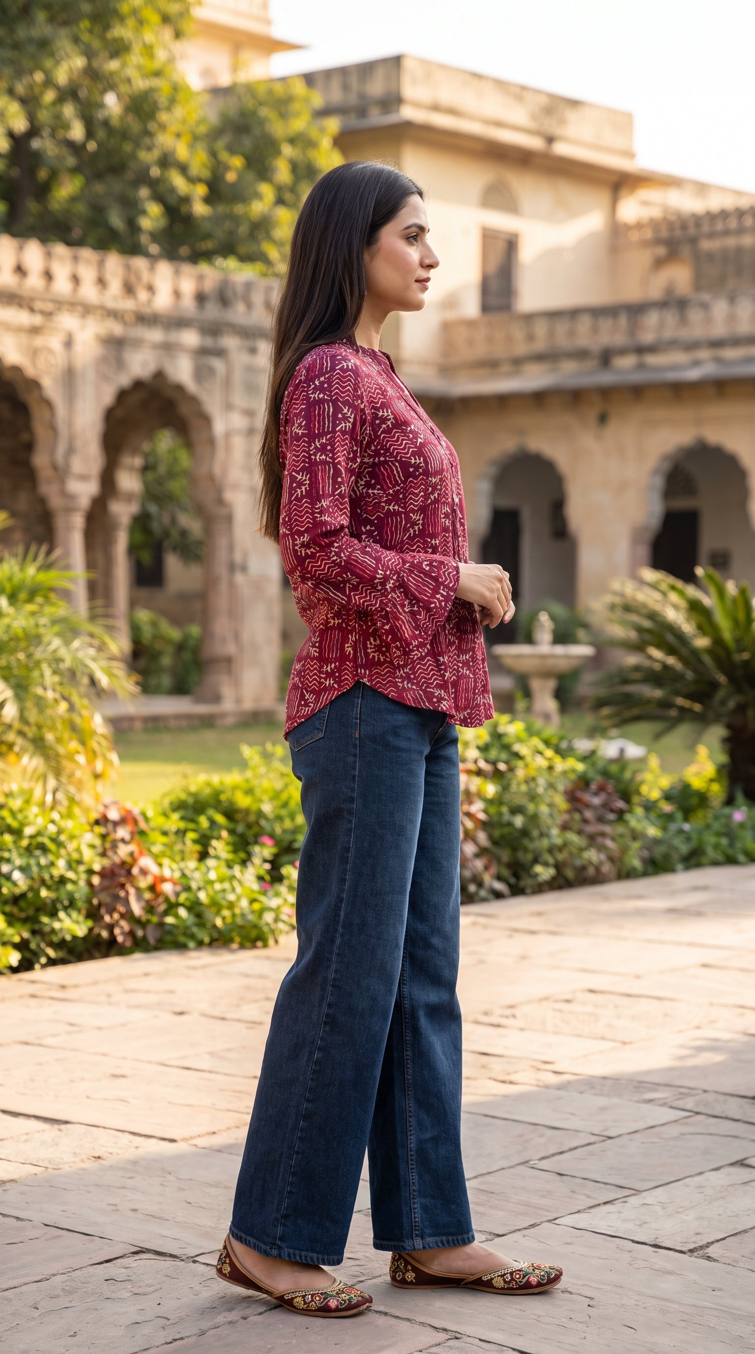 Paneri Embroidery  – Wine Leaf Print Flared Crepe Silk Kurti