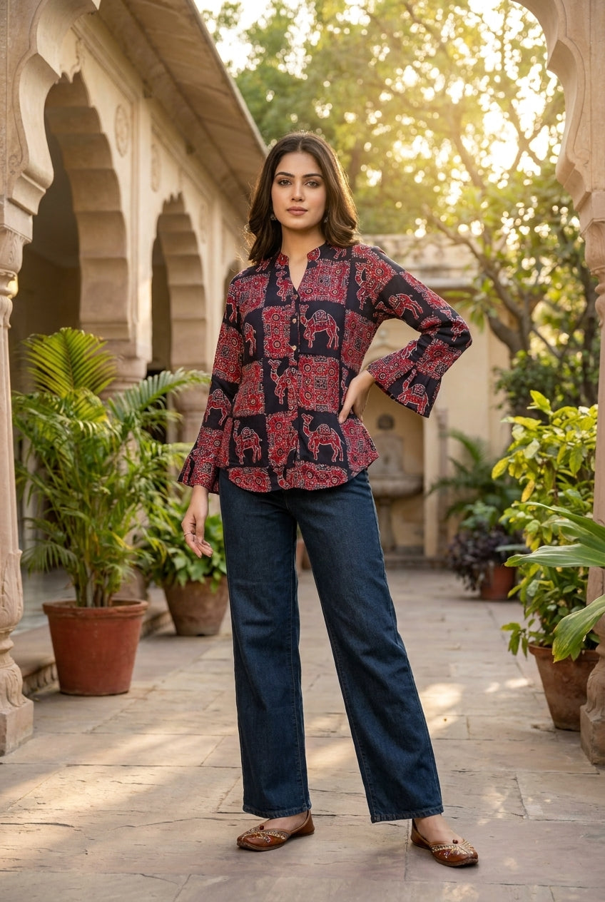 Paneri Embroidery  – Dark Blue Leaf Print Flared Crepe Silk Kurti