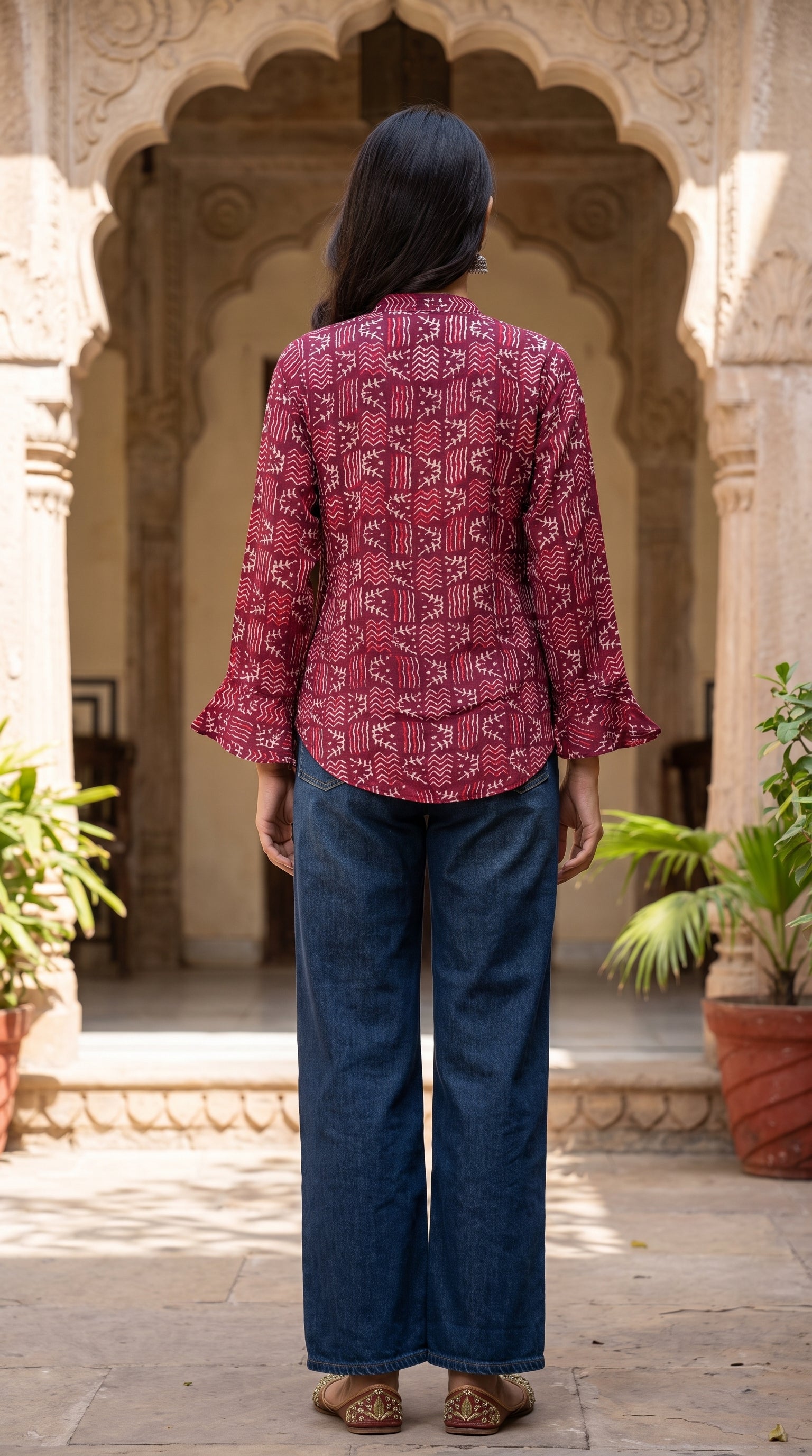 Paneri Embroidery  – Wine Leaf Print Flared Crepe Silk Kurti