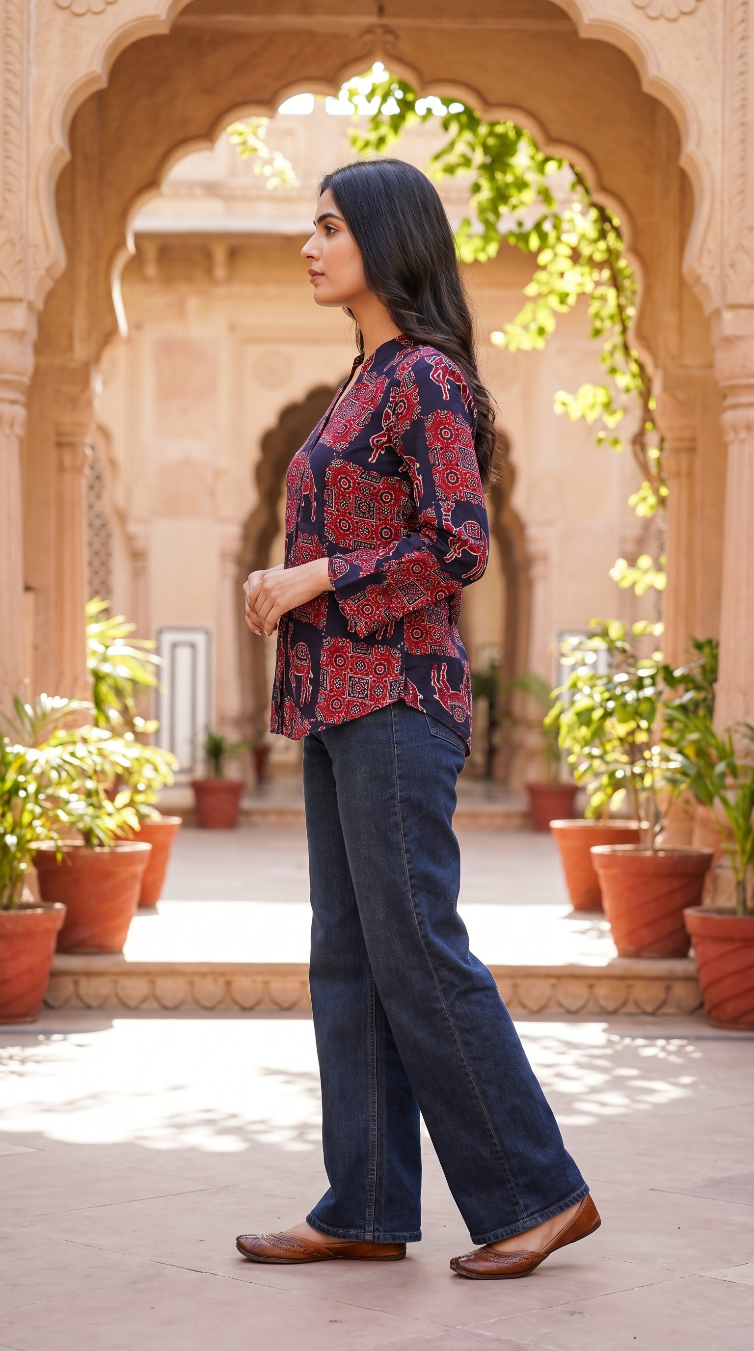 Paneri Embroidery  – Dark Blue Leaf Print Flared Crepe Silk Kurti