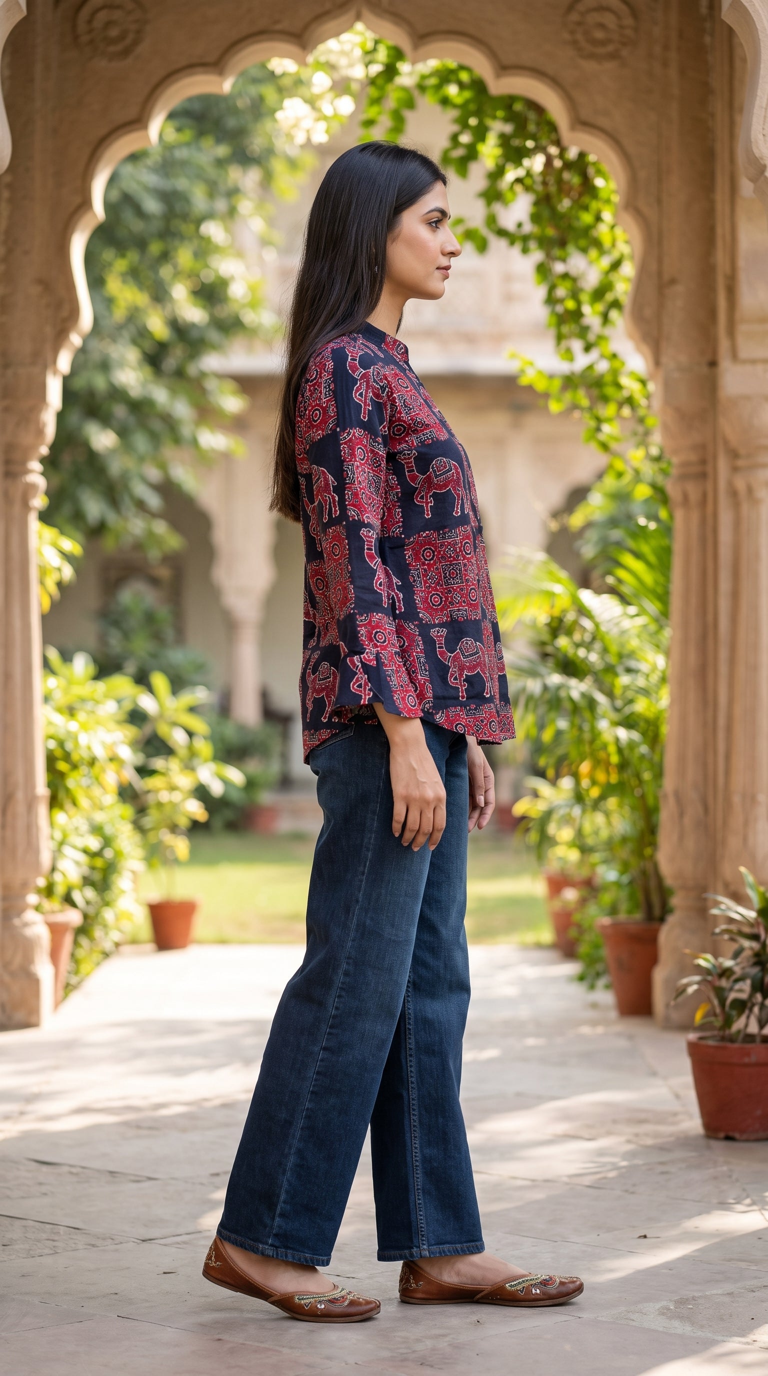 Paneri Embroidery  – Dark Blue Leaf Print Flared Crepe Silk Kurti