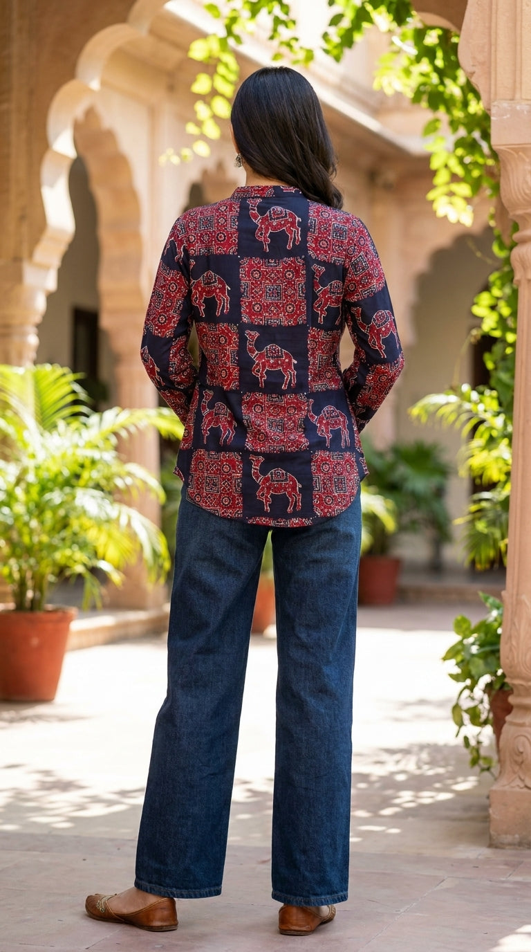 Paneri Embroidery  – Dark Blue Leaf Print Flared Crepe Silk Kurti