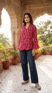 Paneri Embroidery  – Maroon Leaf Print Flared Crepe Silk Kurti