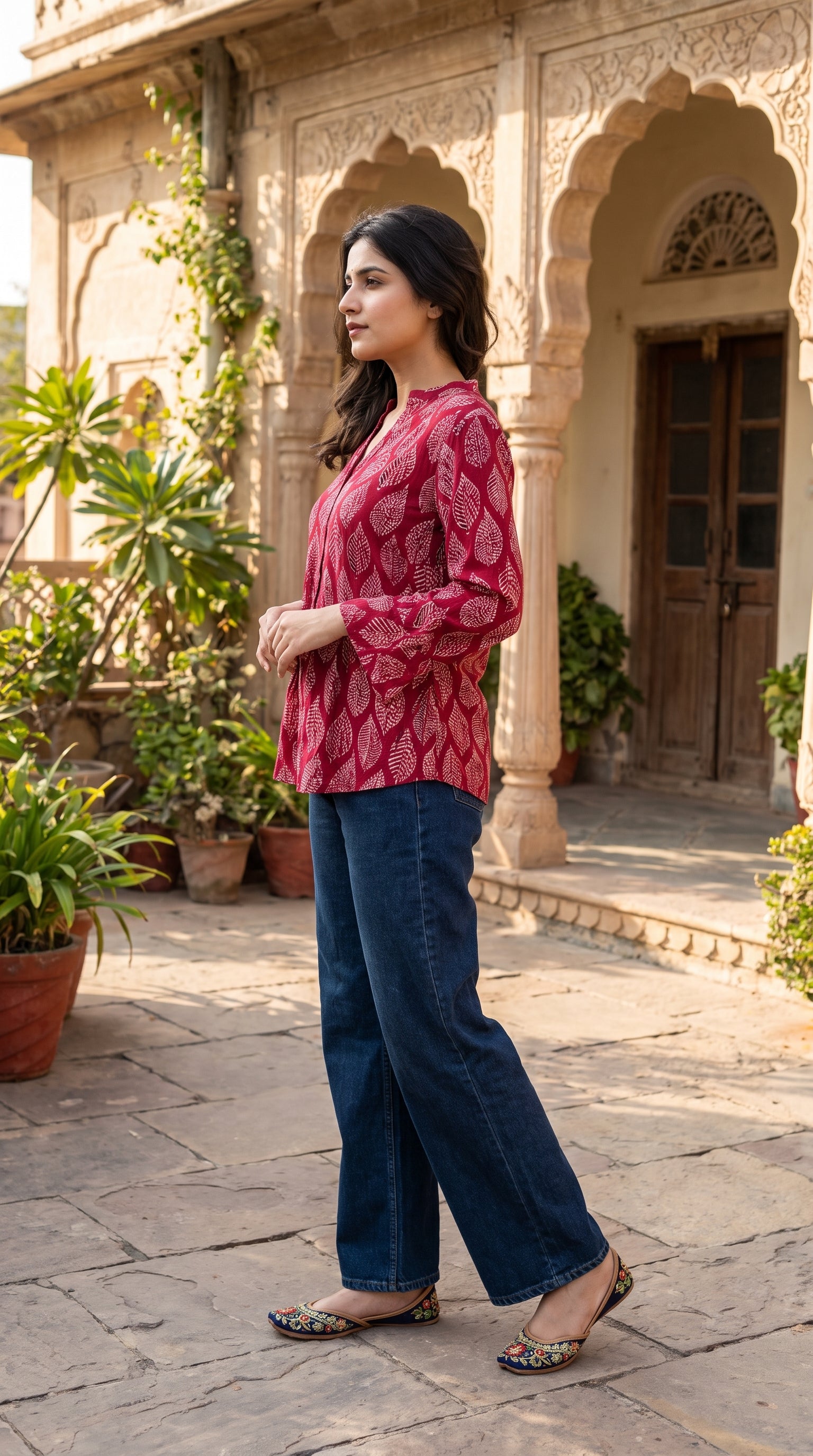 Paneri Embroidery  – Maroon Leaf Print Flared Crepe Silk Kurti