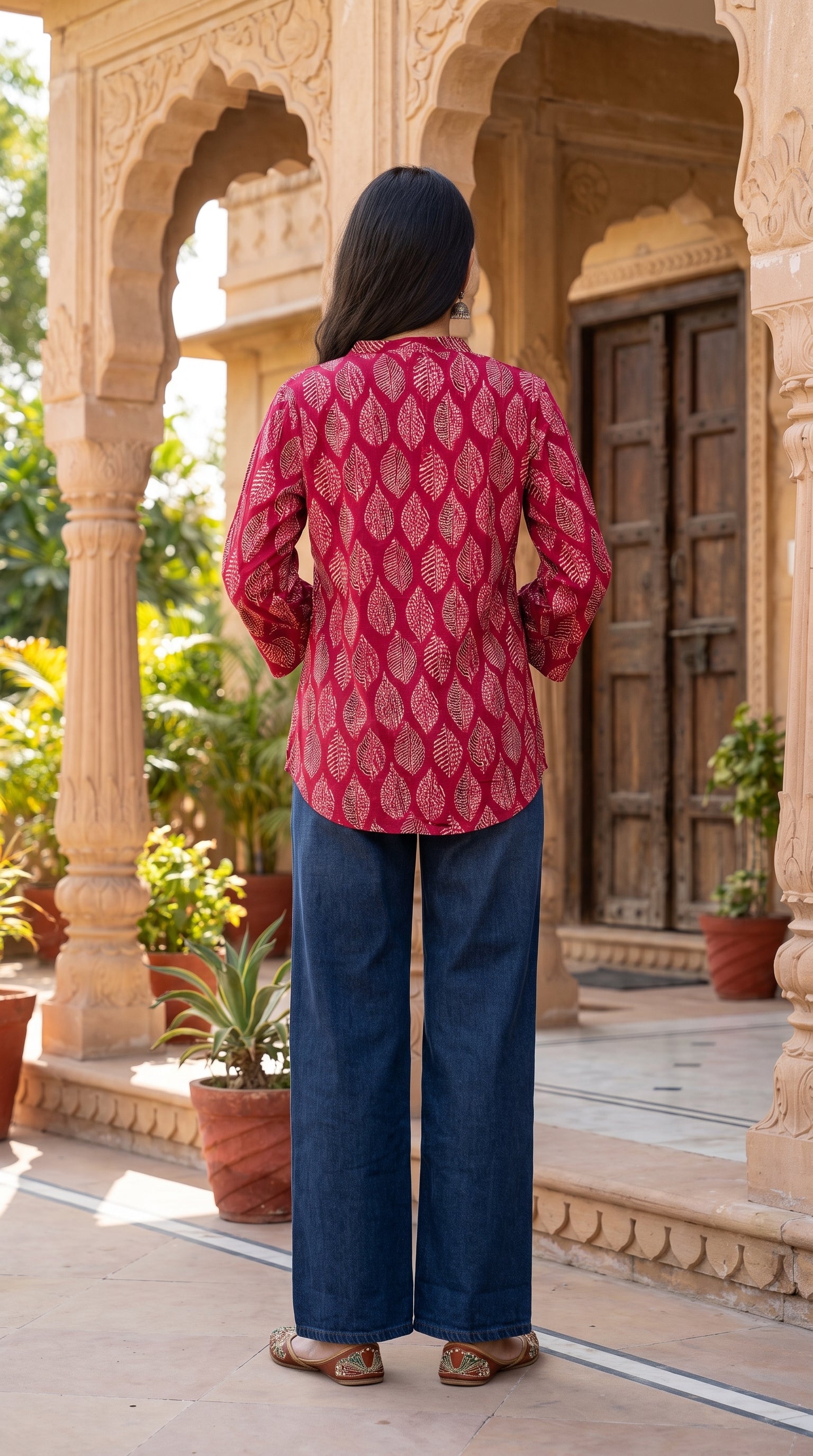 Paneri Embroidery  – Maroon Leaf Print Flared Crepe Silk Kurti