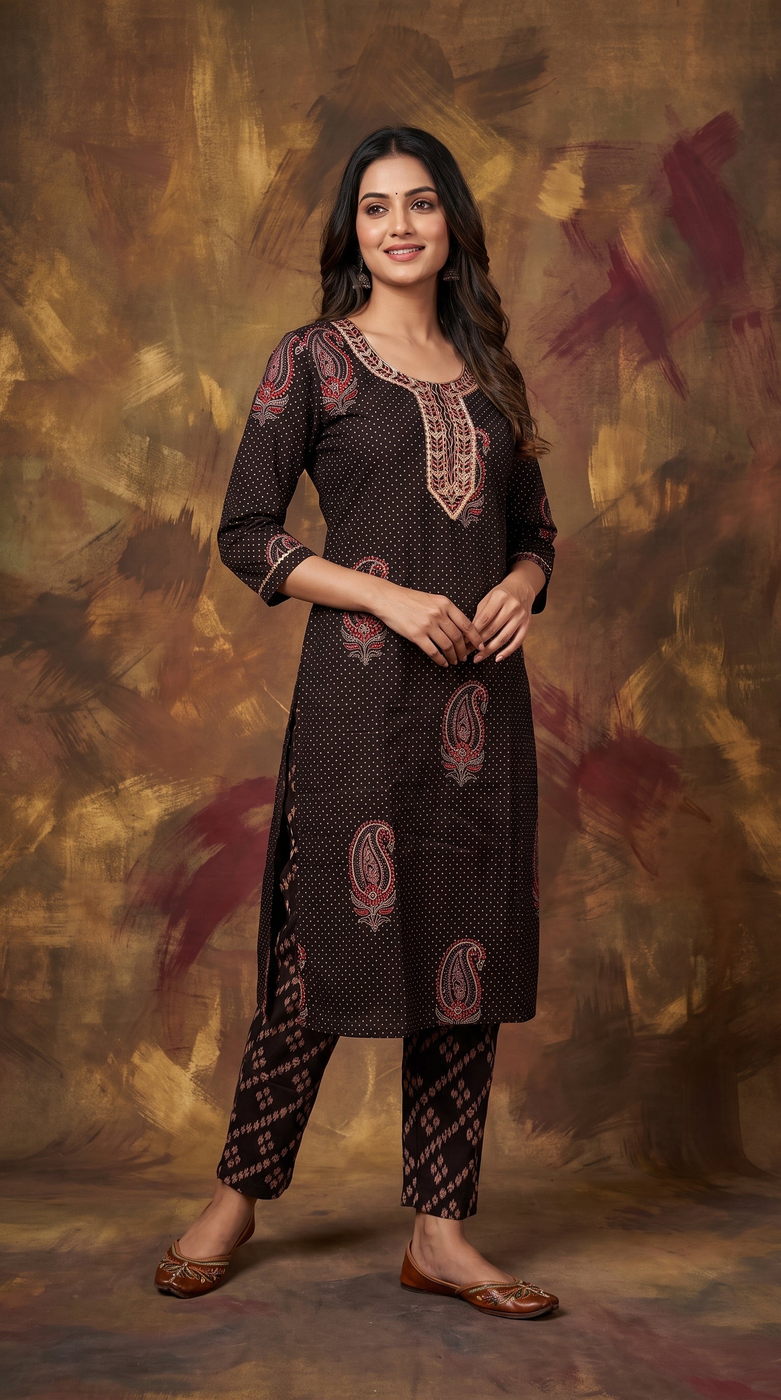 Paneri Embroidery Dark Brown Heritage Printed Kurta Set with Dupatta