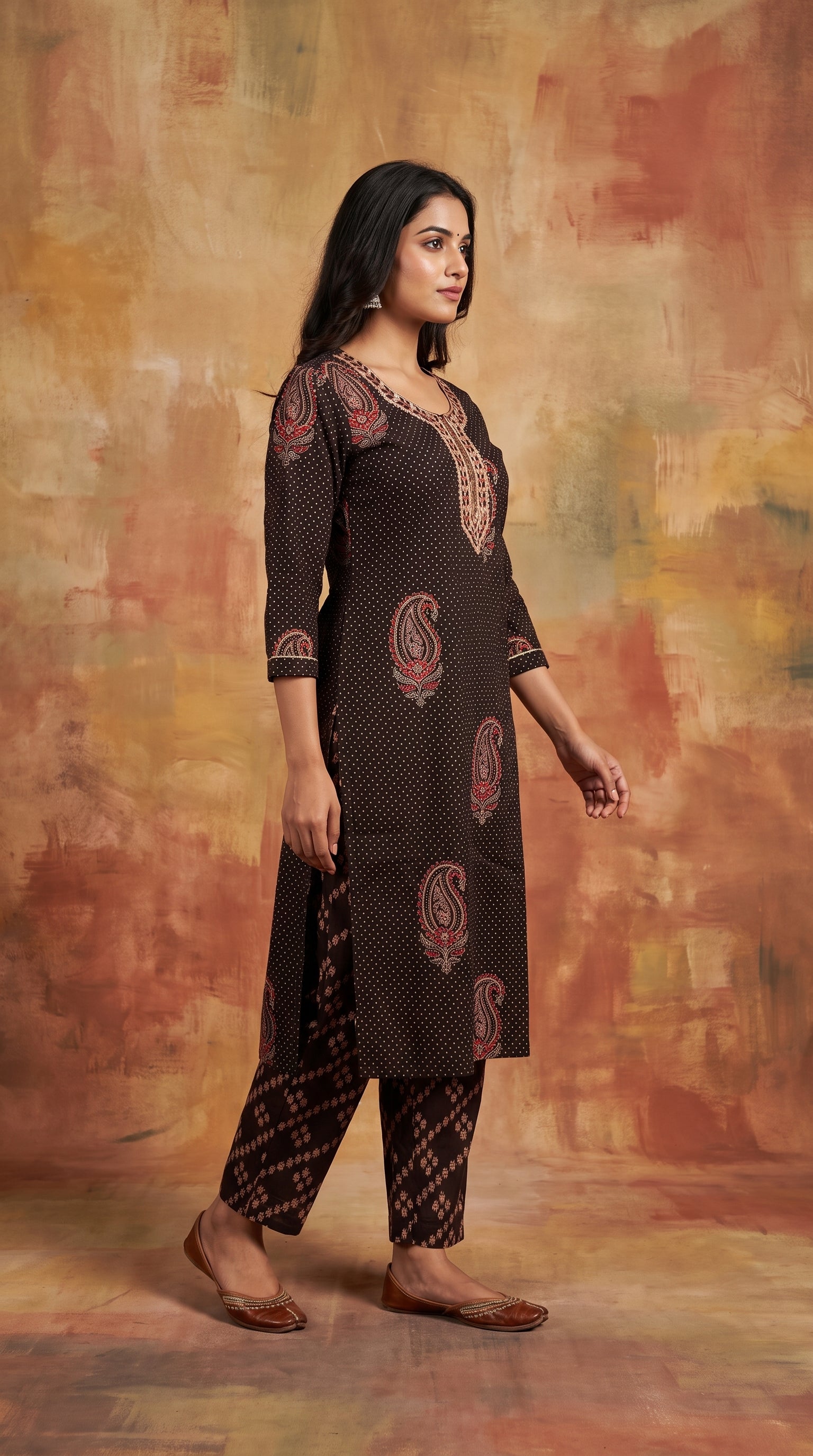 Paneri Embroidery Dark Brown Heritage Printed Kurta Set with Dupatta