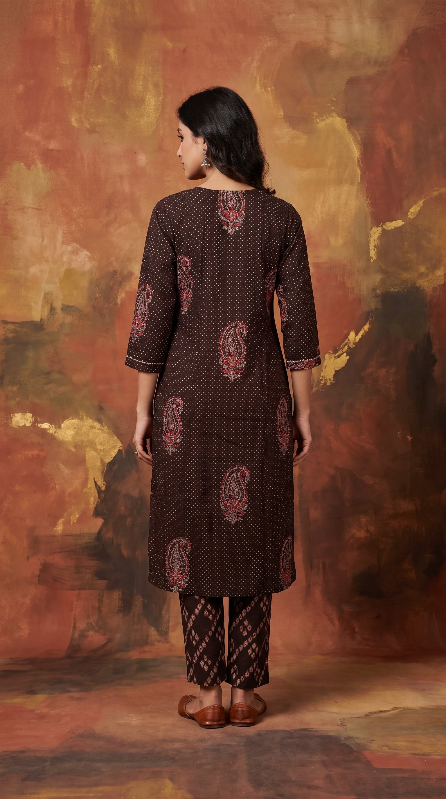 Paneri Embroidery Dark Brown Heritage Printed Kurta Set with Dupatta