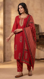 Paneri Embroidery Ruby Red Heritage Printed Kurta Set with Dupatta