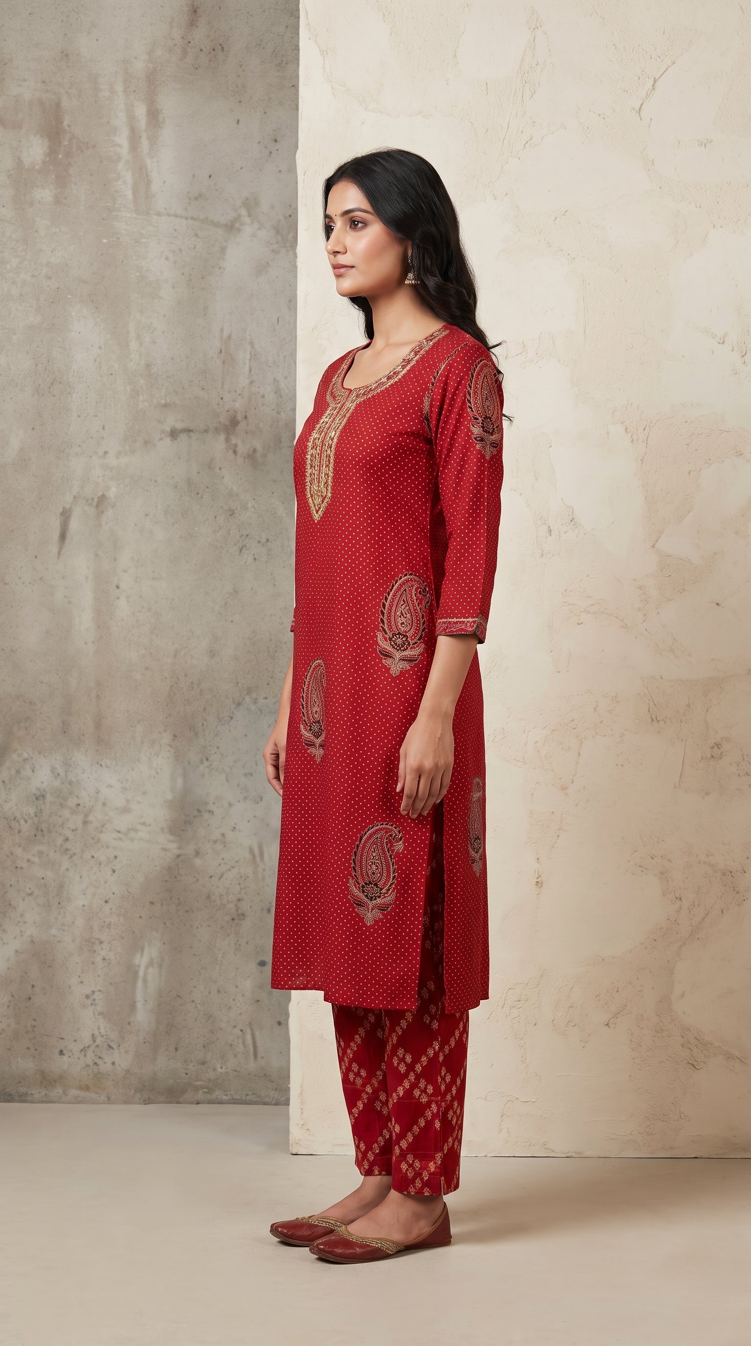 Paneri Embroidery Ruby Red Heritage Printed Kurta Set with Dupatta