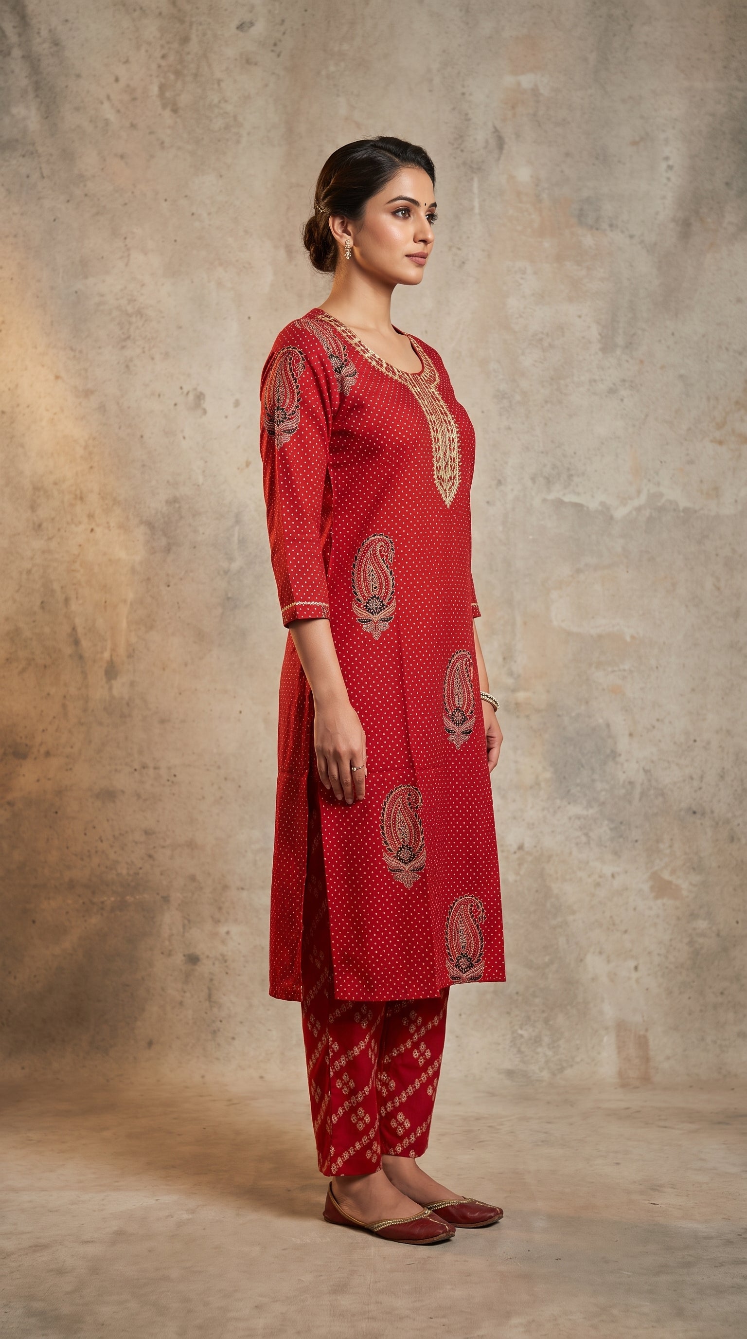 Paneri Embroidery Ruby Red Heritage Printed Kurta Set with Dupatta