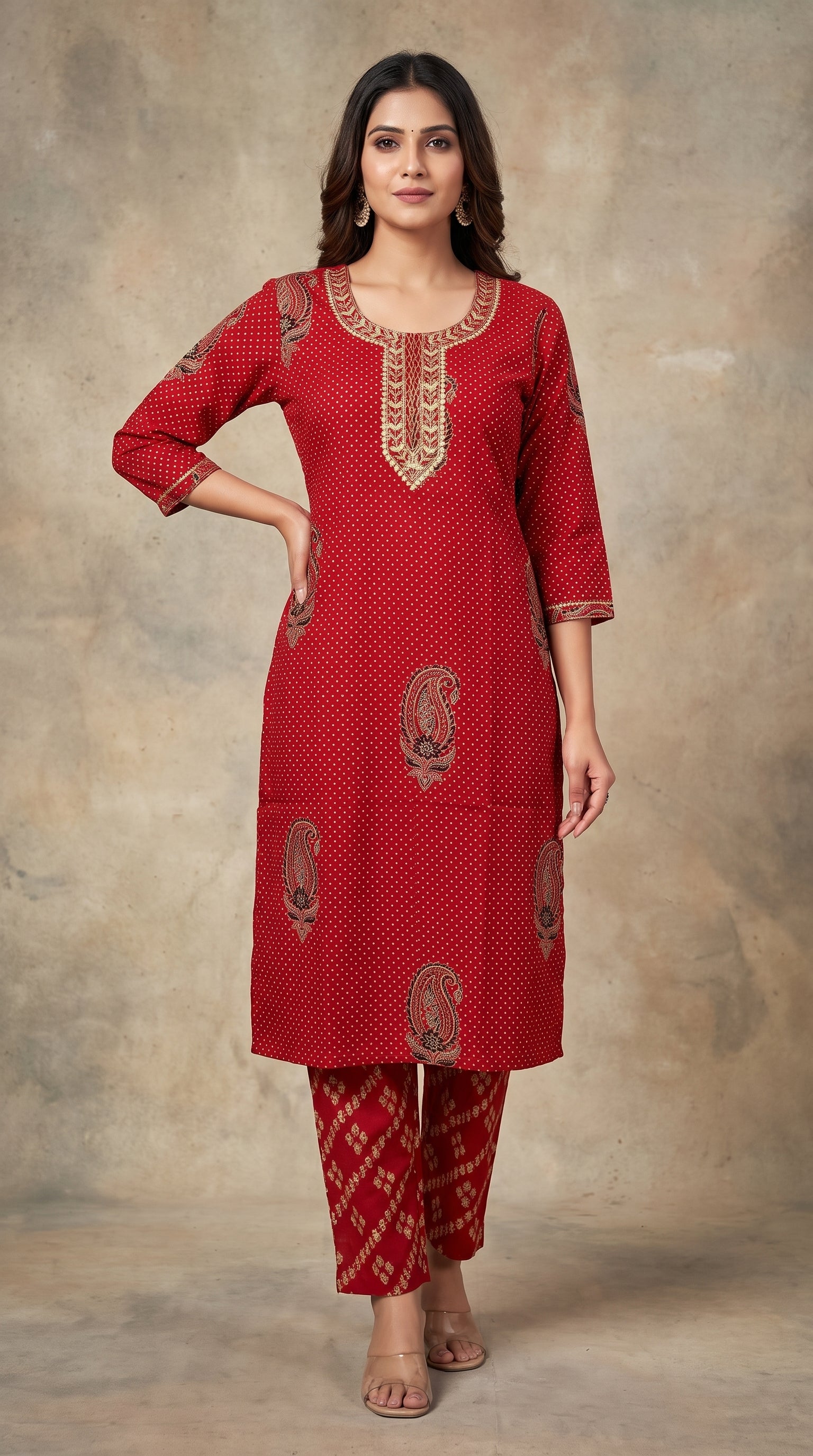 Paneri Embroidery Ruby Red Heritage Printed Kurta Set with Dupatta