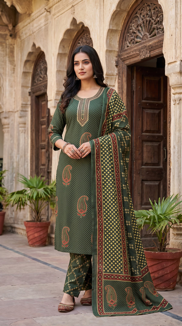 Paneri Embroidery Olive Green Heritage Printed Kurta Set with Dupatta